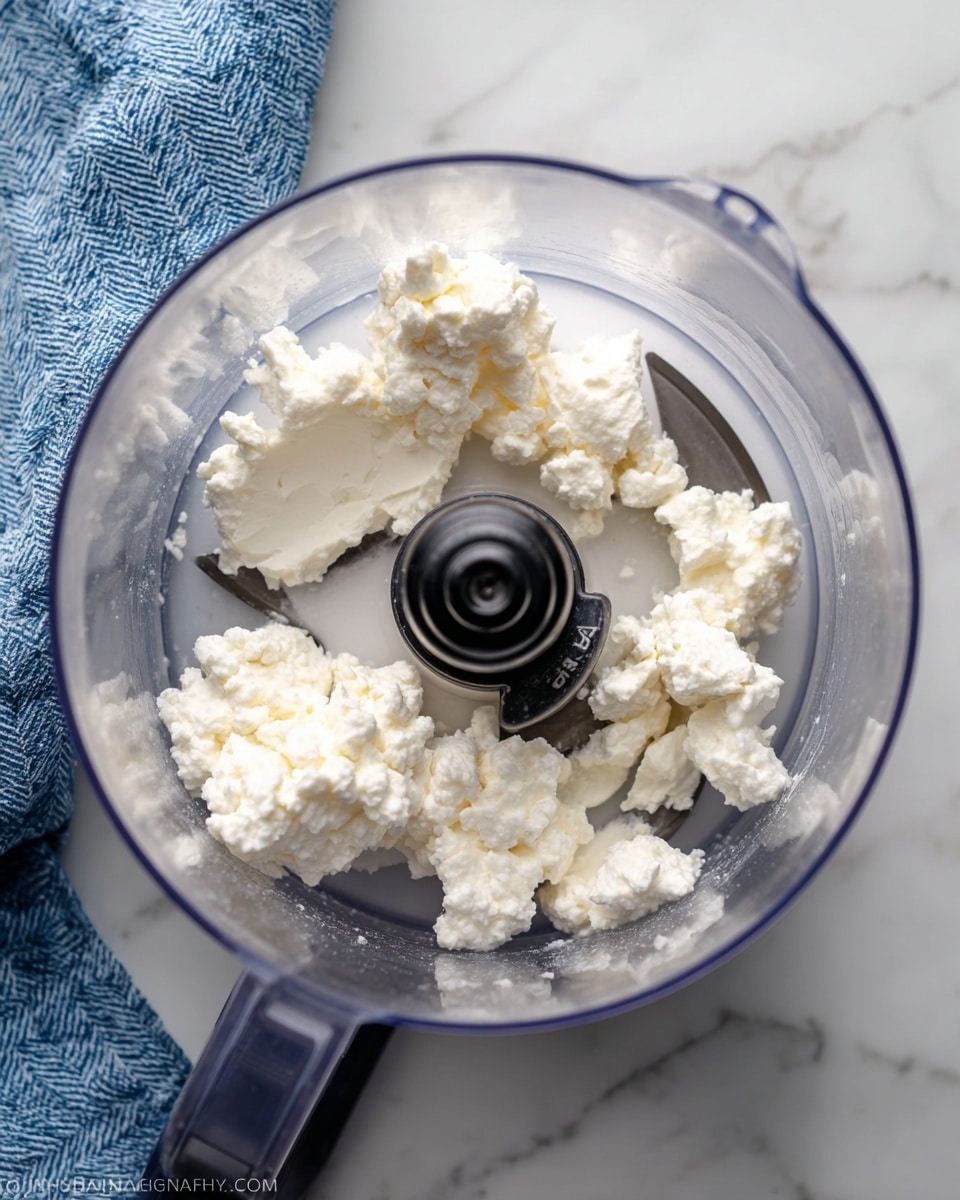 A clear plastic food processor bowl with visible blades in the center holds a few scattered dollops of white, creamy cottage cheese with a slightly lumpy texture. The bowl is placed on a white marbled surface and a blue cloth with a herringbone pattern is partly visible on the top left side. photo taken with an iphone --ar 4:5 --v 7