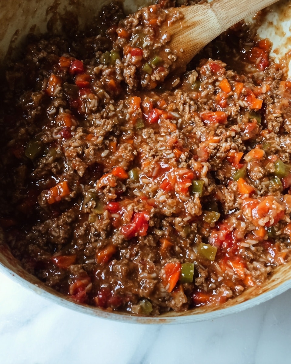 The image shows a close-up of a thick, chunky mixture of cooked ground meat, white rice, and diced vegetables like red tomatoes, green peppers, and orange carrots. The mixture has a saucy texture with a brownish-red color from the sauce that coats the ingredients evenly. A wooden spatula is partially visible on the right side, stirring the mixture inside a large white bowl, all placed on a white marbled surface. The colors are warm and earthy, with the glossy sauce highlighting the texture of the meat and vegetables. photo taken with an iphone --ar 4:5 --v 7