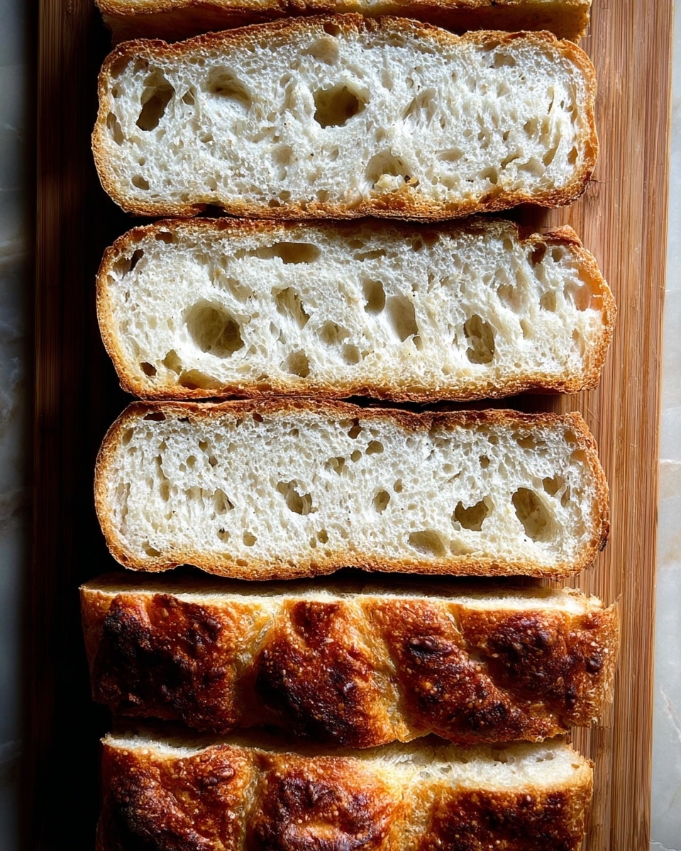 The image shows a loaf of bread cut into six thick slices lying flat and stacked vertically from top to bottom. Each slice reveals a dense texture with many large air holes, and a golden-brown crust that looks crisp and slightly rough. The crust on the top and bottom slices is darker and almost caramelized, while the inside is soft, white, and airy with an uneven hole pattern. The bread is placed on a wooden surface which in the description should be changed to a white marbled texture. photo taken with an iphone --ar 4:5 --v 7