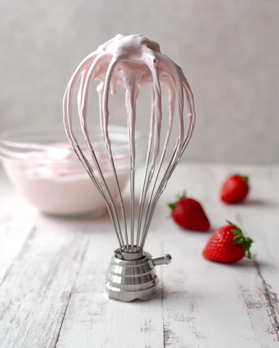 A metal whisk attachment is standing upright on a white marbled surface with light pink whipped cream clinging to its wires, creating a soft and fluffy texture on top and along the sides. In the background, there is a clear glass bowl filled with more of the same light pink whipped cream, placed beside three red strawberries with green tops, aligned diagonally towards the right. The colors are soft and pastel, with the pink cream contrasting gently with the red strawberries and white marble. photo taken with an iphone --ar 4:5 --v 7