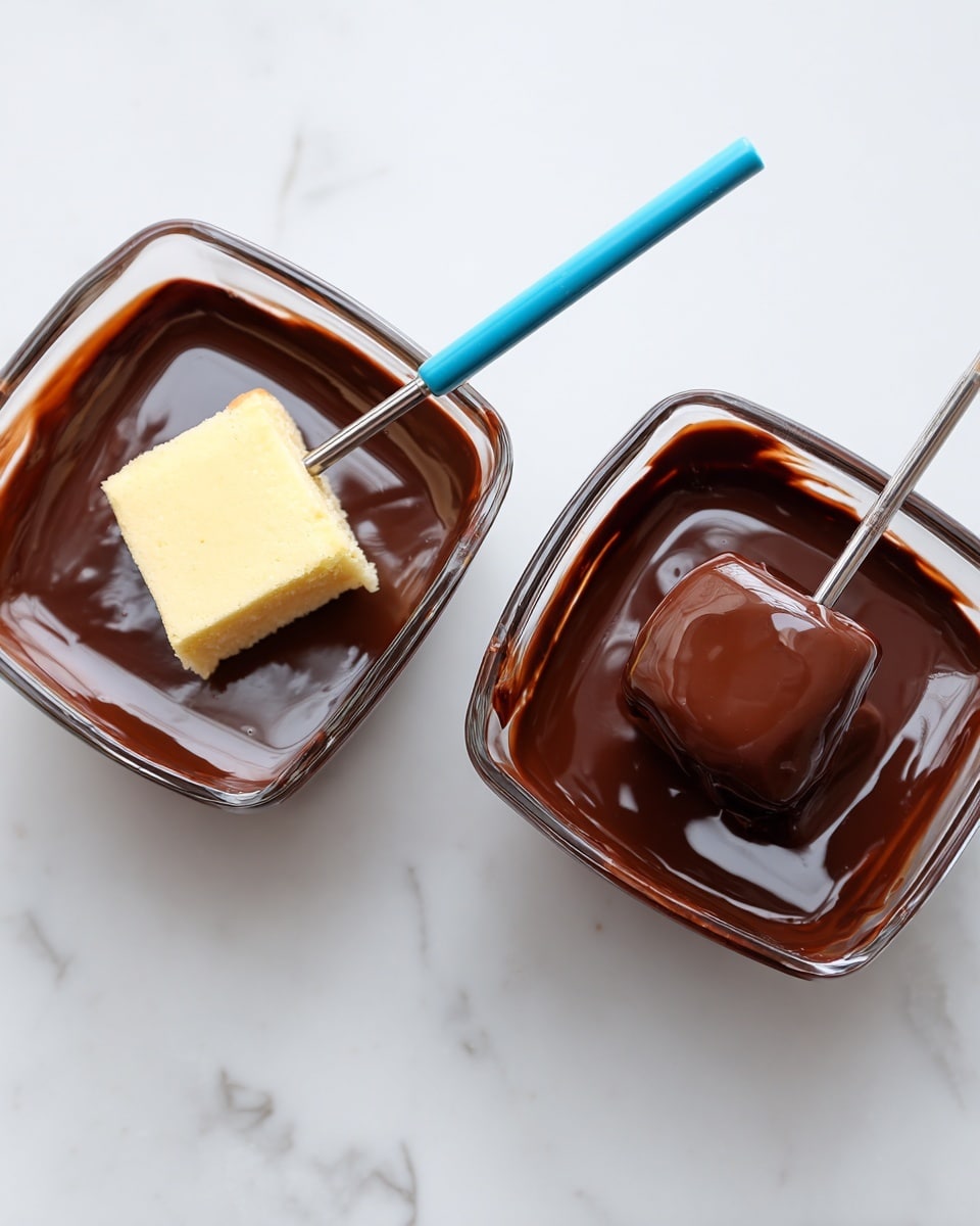 The image shows two square glass bowls filled with smooth, dark brown melted chocolate on a white marbled surface. In the left bowl, a small square piece of pale yellow cake sits partly dipped into the chocolate, held by a thin metal skewer with a blue handle. The right bowl has the same chocolate, but here the skewer holds the cake piece fully covered in shiny chocolate, suspended above the bowl, showing a smooth, glossy coating around the cake. photo taken with an iphone --ar 4:5 --v 7