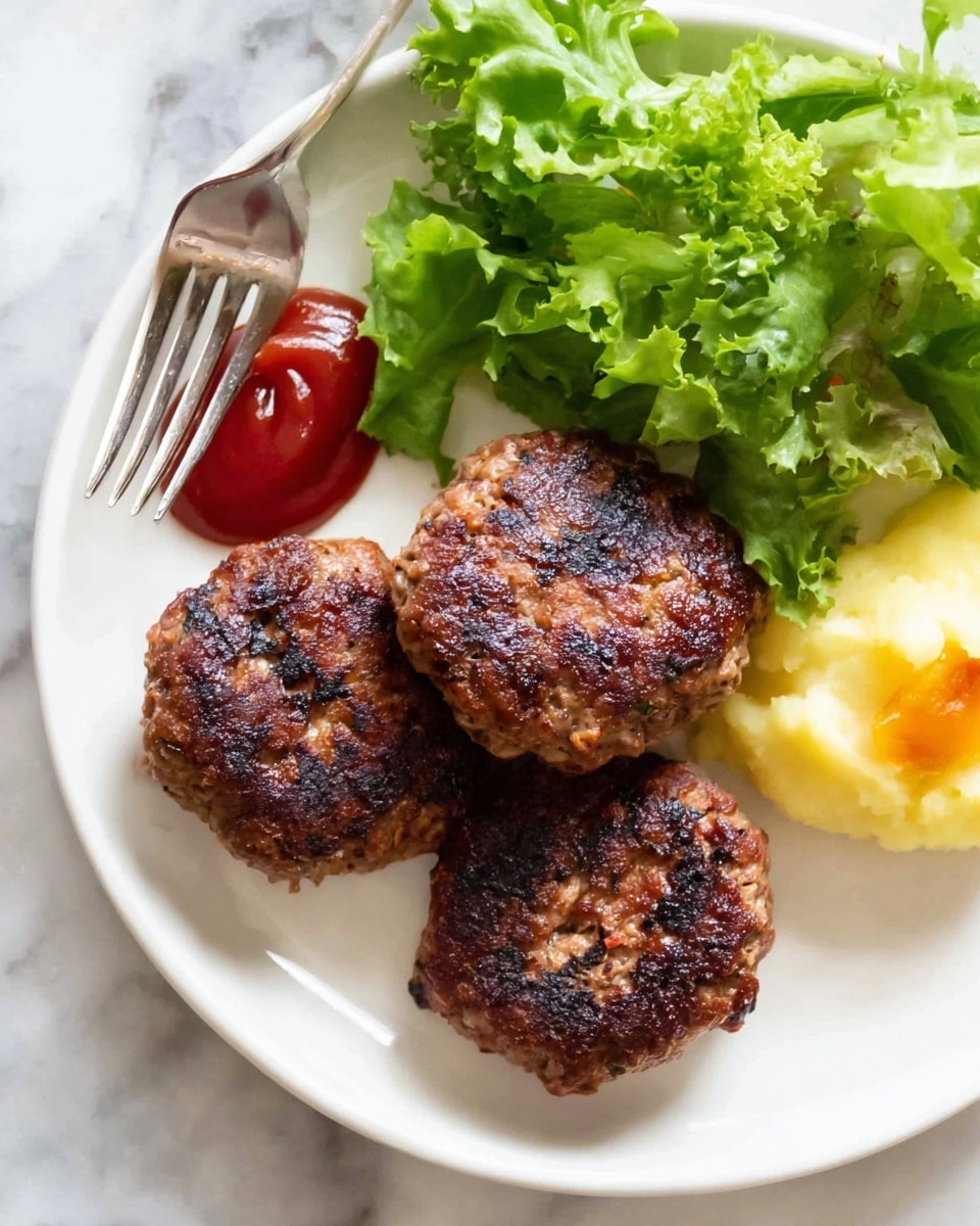 The image shows three small round dark brown patties with some char marks on a white plate. There is a small pile of bright green leafy lettuce at the top side of the plate. On the left side, there is a dollop of red ketchup sauce. To the right side of the patties, there is a portion of smooth light yellow mashed potato. A silver fork is placed on the upper left edge of the plate. The plate is set on a white marbled surface. Photo taken with an iphone --ar 4:5 --v 7