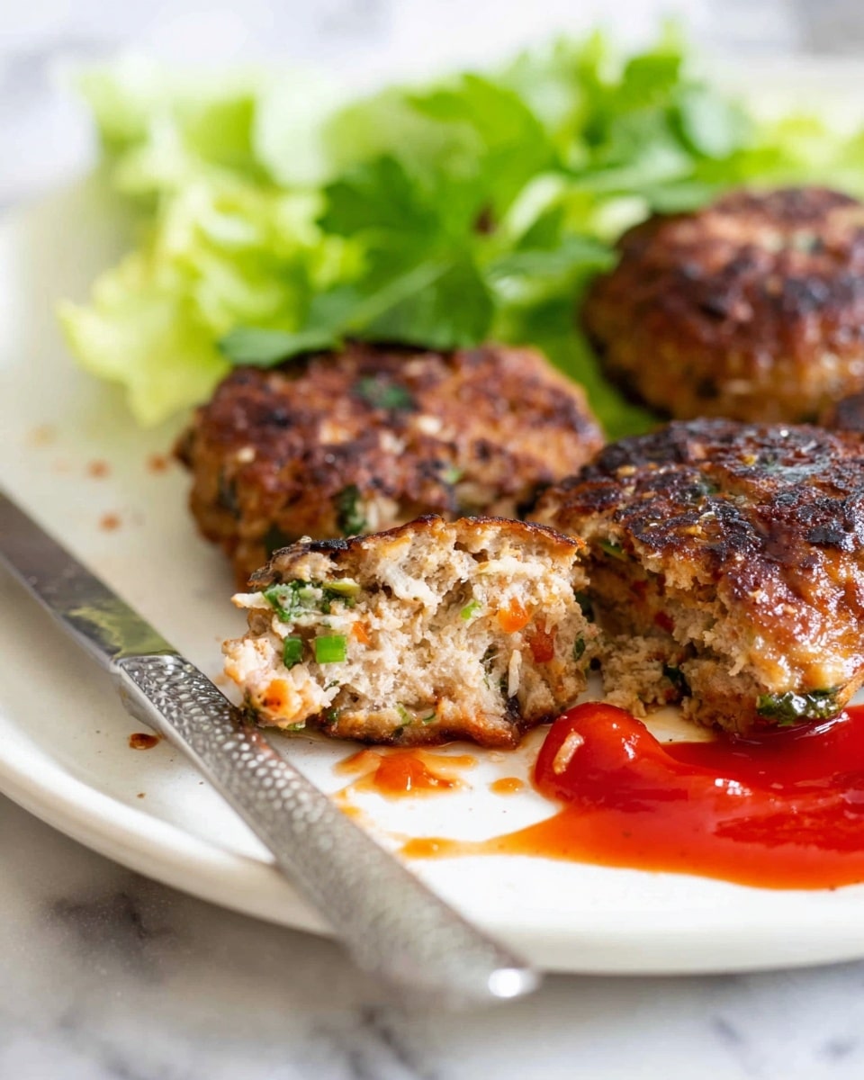 The image shows a close-up of three grilled meat patties on a white plate with a small pile of fresh green lettuce leaves in the background. One patty is cut in half, revealing a moist, crumbly inside mixed with small bits of orange and green vegetable pieces. A bright red sauce, likely ketchup, spreads across the front edge of the plate with some sauce smeared around the patties. A knife with a textured handle rests on the plate near the sauce. The background is a white marbled surface. Photo taken with an iphone --ar 4:5 --v 7
