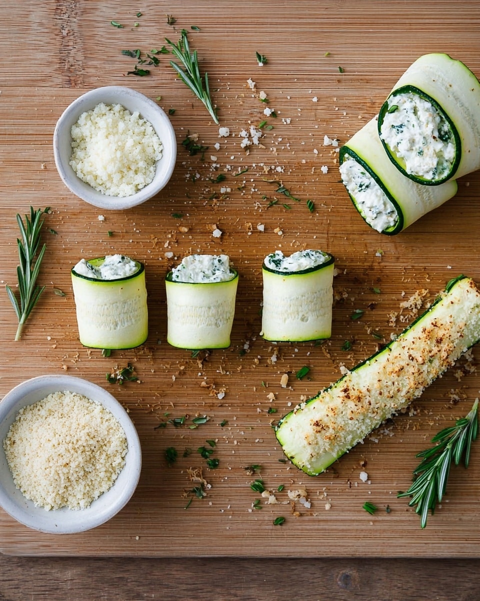 The image shows four small rolled zucchini slices stuffed with a white creamy filling with green herbs, arranged on a wooden board with some scattered green herb leaves and crumbs. One zucchini slice is laid flat with the filling spread evenly, to the right of it one is partially rolled, followed by three fully rolled pieces stacked slightly apart. Two small white bowls hold grated cheese and breadcrumbs, placed on the board near the zucchini rolls. A few sprigs of fresh rosemary add a touch of green to the scene. photo taken with an iphone --ar 4:5 --v 7