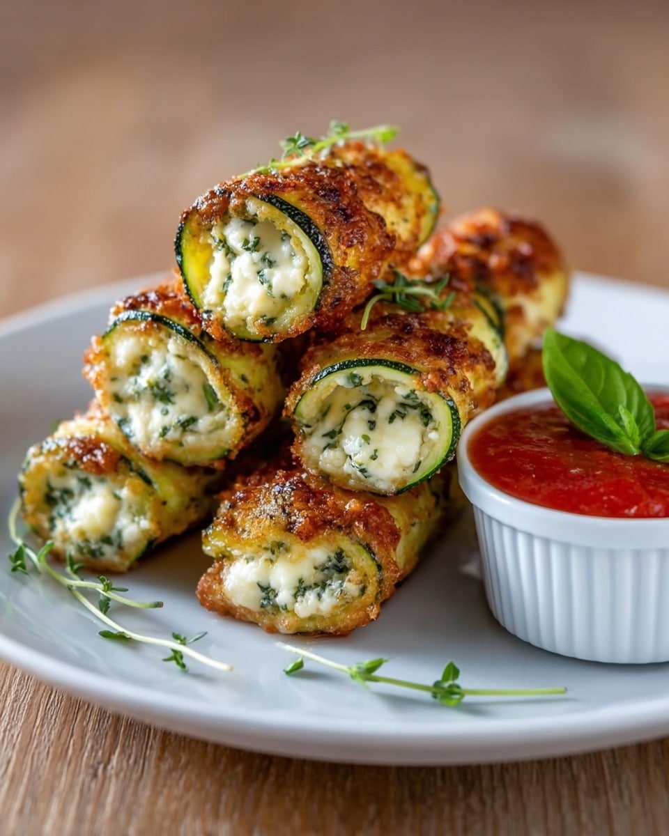 There are five golden brown, crispy rolls made from zucchini slices filled with white creamy cheese mixed with green herbs. The rolls are stacked close together in the center of a white plate. Small green herb sprigs are scattered around the rolls for decoration. To the right side of the plate, there is a small white ramekin filled with bright red tomato sauce topped with a fresh green basil leaf. The plate sits on a wooden surface with a soft focus background. Photo taken with an iphone --ar 4:5 --v 7