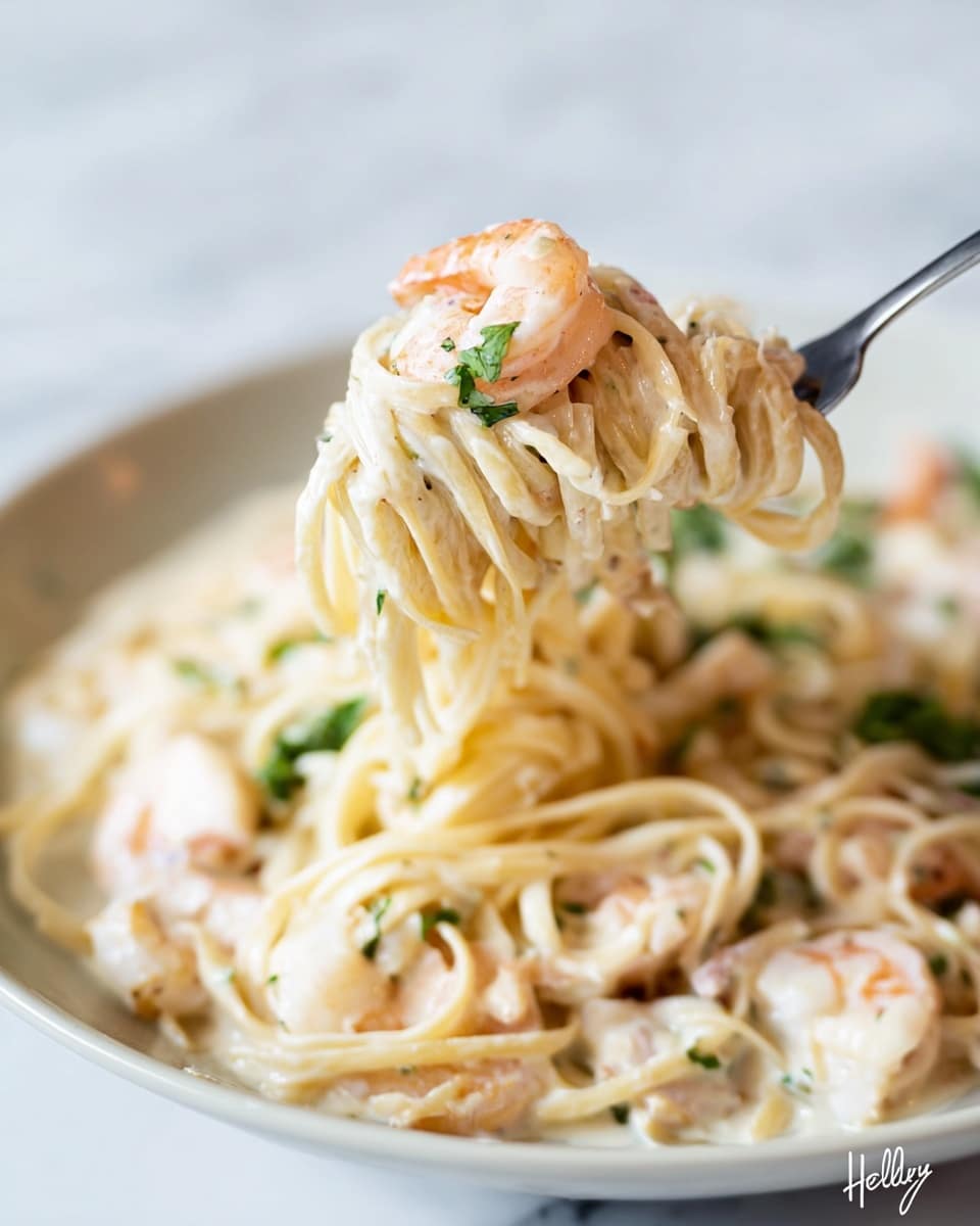 The image shows creamy pasta with shrimp lifted on a fork above a white plate, all on a white marbled surface. The pasta is light yellow and coated in a smooth, thick white sauce. Pink shrimp are mixed throughout the pasta, with some pieces resting on top. Small green herb pieces are scattered on the pasta, adding a touch of color. The background is softly blurred, focusing on the creamy noodles and shrimp in the center. Photo taken with an iphone --ar 4:5 --v 7