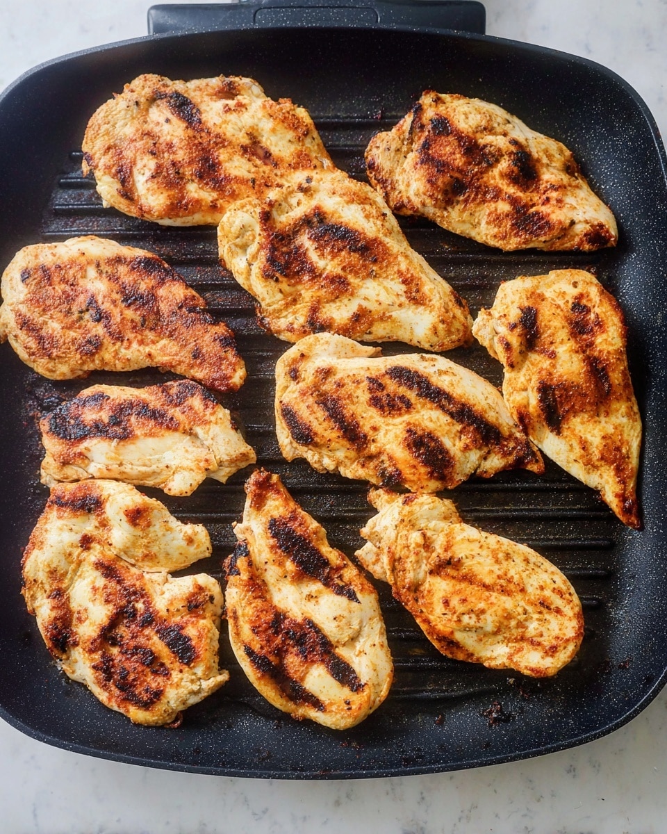 The image shows a black grill pan with nine pieces of cooked chicken lined up. Each chicken piece has a golden-brown color with darker grill marks and a slightly crispy texture. The chicken pieces cover most of the pan surface, with some overlapping edges. The pan sits on a white marbled surface. photo taken with an iphone --ar 4:5 --v 7