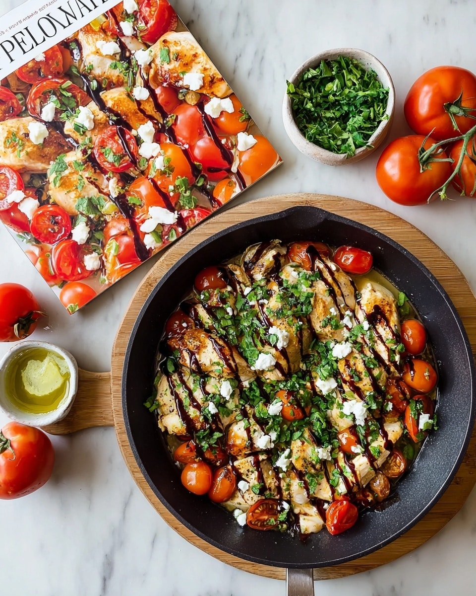 The dish is shown on the cover of a cookbook as a black pan filled with several layers: the bottom layer contains cooked chicken pieces with a golden color, topped with vibrant red cherry tomatoes scattered all over. On top, fresh green chopped herbs are spread evenly, along with small white dollops of sauce or cheese. The whole dish is drizzled in thin dark sauce lines, creating a contrast with the bright colors beneath. The pan sits on a wooden board and is surrounded by images of red tomatoes on the cookbook cover, all placed on a white marbled surface. Photo taken with an iphone --ar 4:5 --v 7