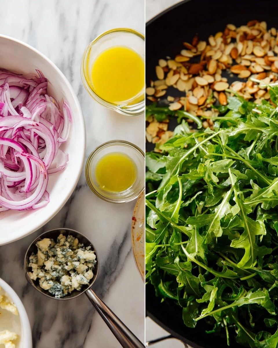 The image shows two parts: on the left side, there are four items on a white marbled surface - a white bowl with thin sliced red onions, a black pan filled with toasted sliced almonds, a small clear measuring cup with yellow dressing and a silver measuring cup with blue cheese crumbles; on the right side, there is a close-up of green arugula leaves being dressed with a yellow liquid dressing being poured over it. The arugula leaves are fresh and vibrant with glossy texture. Photo taken with an iphone --ar 4:5 --v 7