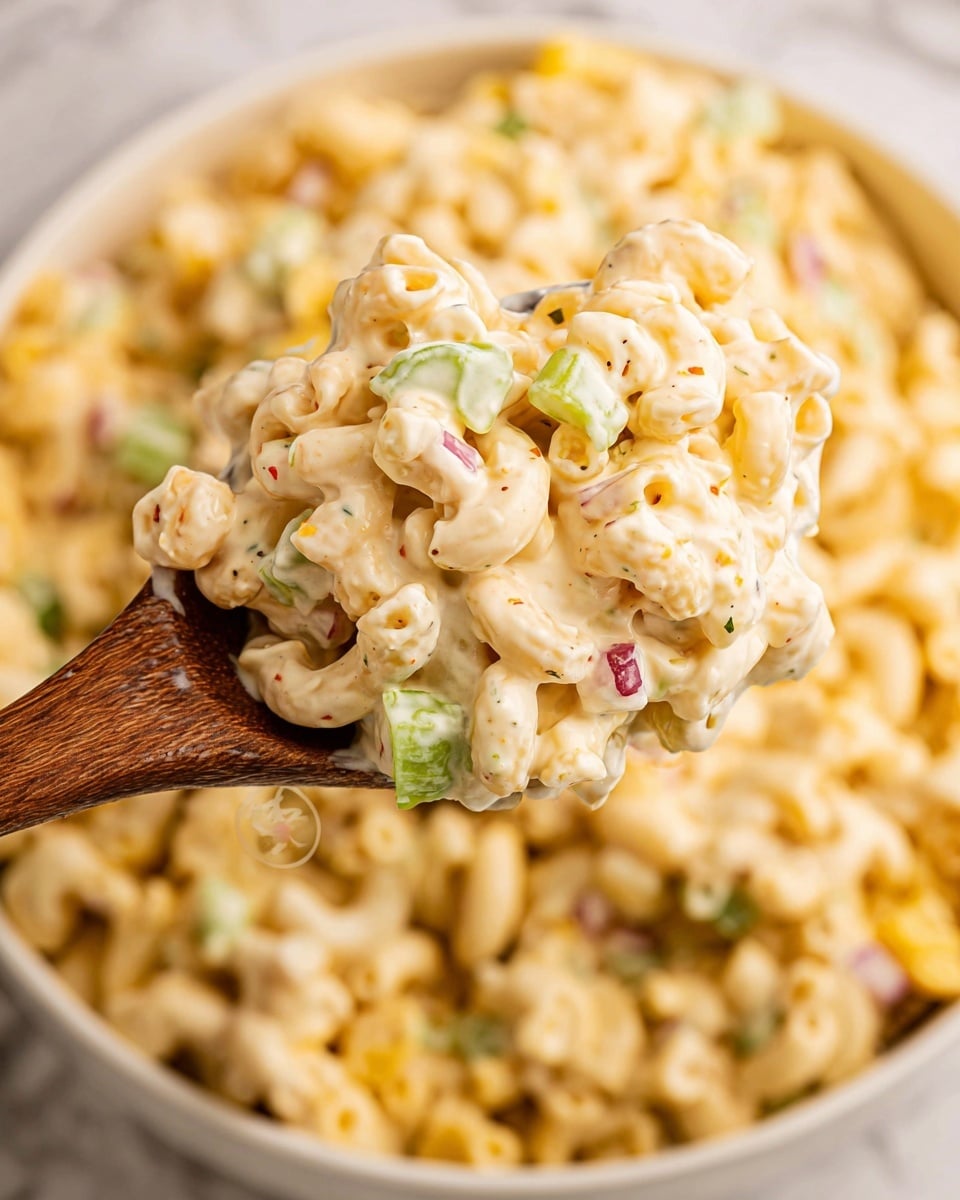 A close-up view of creamy macaroni salad held by a wooden spoon. The salad has one main layer of elbow-shaped pasta coated in a thick pale yellow dressing, mixed with small chopped green celery pieces and bits of red onion visible. The texture is smooth and creamy with small specks of seasoning all over. In the background, the salad fills a white bowl resting on a white marbled surface, the focus is soft on the background to highlight the spoonful. photo taken with an iphone --ar 4:5 --v 7