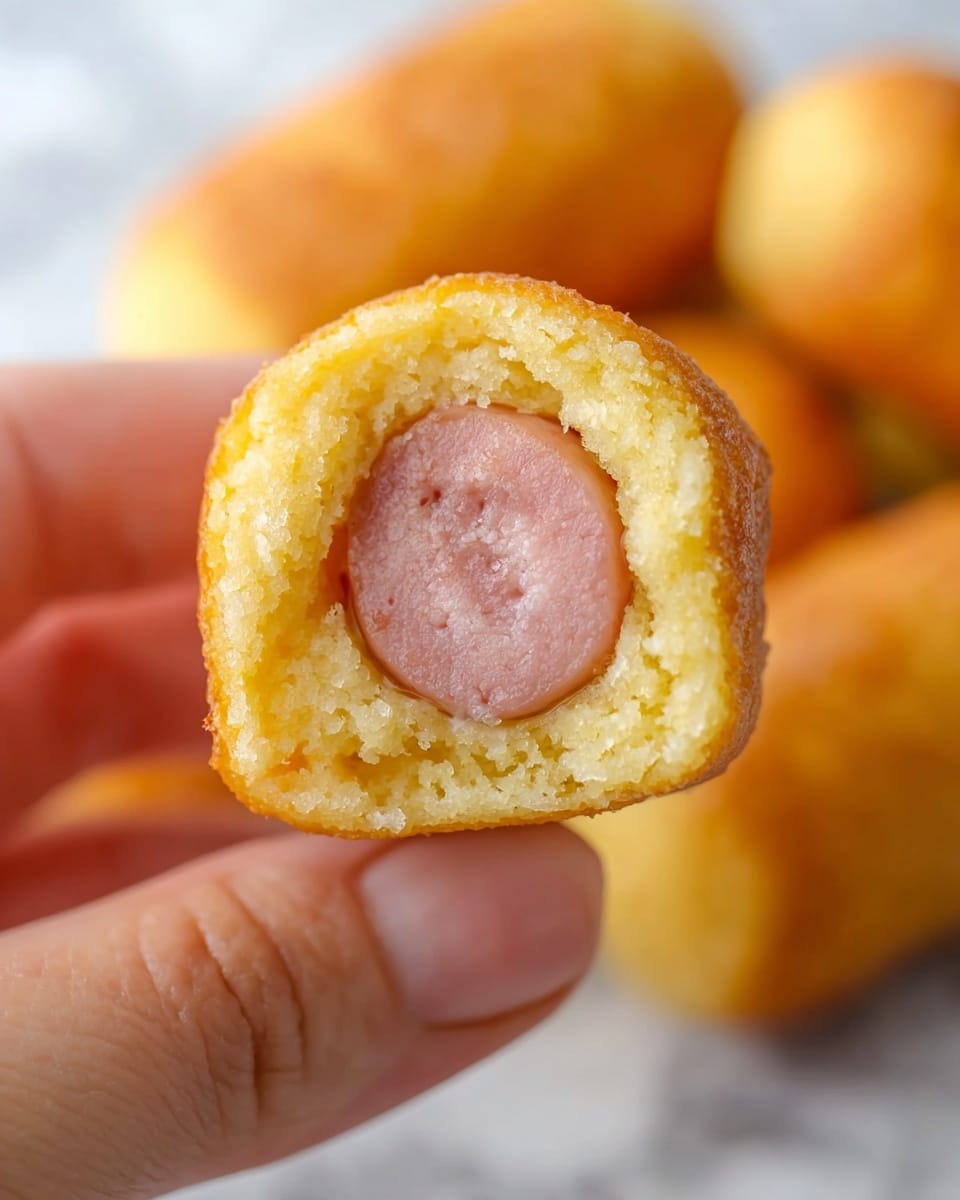 A close-up shows a small corn dog being held by a woman's hand, with the focus on the inside where the soft, golden-brown cake layer wraps around a plump, light pink sausage. The cake looks moist and slightly crumbly, forming the outer shell, while the sausage has a smooth, firm texture visible at the center. In the background, other corn dogs are blurred on a white marbled surface. photo taken with an iphone --ar 4:5 --v 7