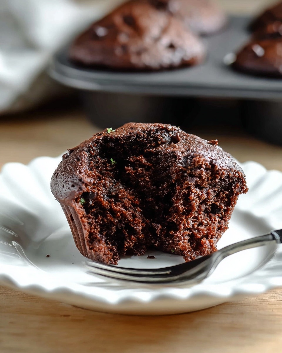 A close-up of a chocolate muffin with one side torn open, showing its moist, dark brown interior with little bits of melted chocolate inside. The muffin sits on a white scalloped-edge plate with a silver fork resting inside the plate. In the background, there is a dark, blurred muffin pan with more muffins on it, set on a light wooden surface. photo taken with an iphone --ar 4:5 --v 7