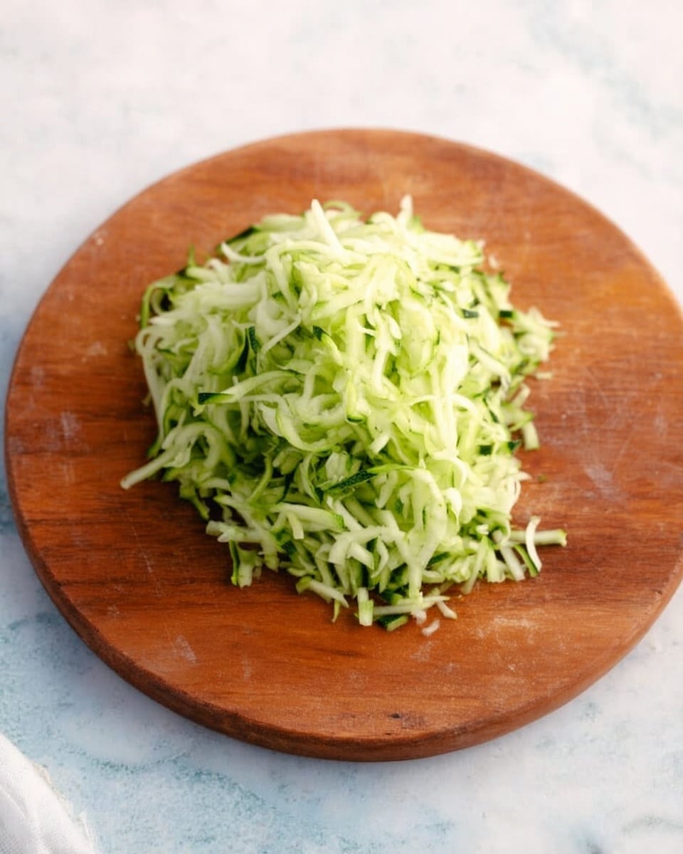 A round wooden board sits on a white marbled surface, holding a small pile of finely shredded green zucchini. The zucchini strands are light green with darker green edges, loosely heaped in the center of the board. The texture looks soft and moist, with thin, curly pieces spread slightly apart. The background is softly blurred and light, highlighting the fresh and natural appearance of the zucchini. photo taken with an iphone --ar 4:5 --v 7