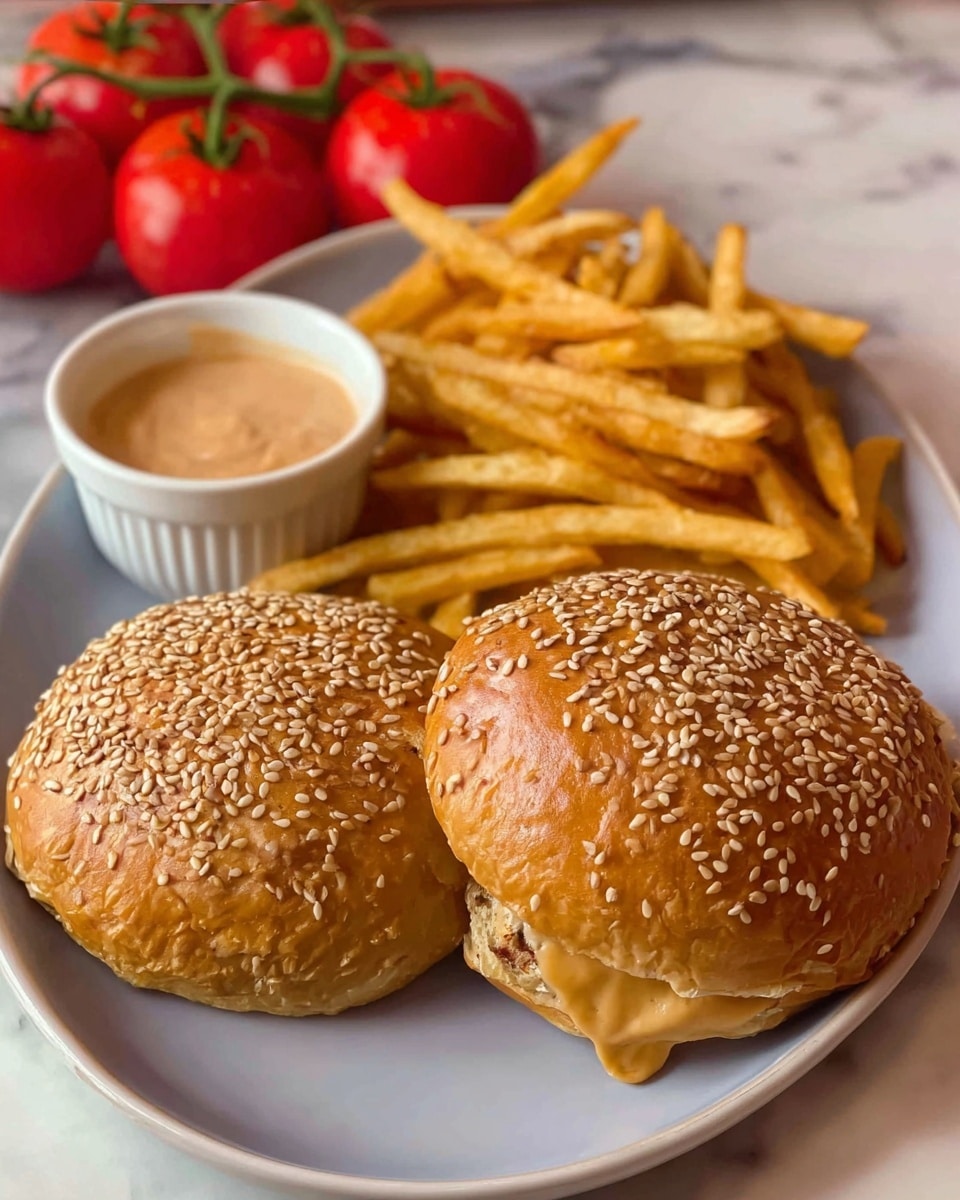 The image shows two sesame seed burger buns on a white plate with a pile of golden brown French fries placed between them. Next to the fries, there is a small white bowl filled with light brown dipping sauce. The burger buns are glossy and covered evenly with sesame seeds, and the fries have a crispy texture with some slightly darker edges. The plate sits on a white marbled surface, and in the background, some red tomatoes on vine are slightly out of focus. photo taken with an iphone --ar 4:5 --v 7
