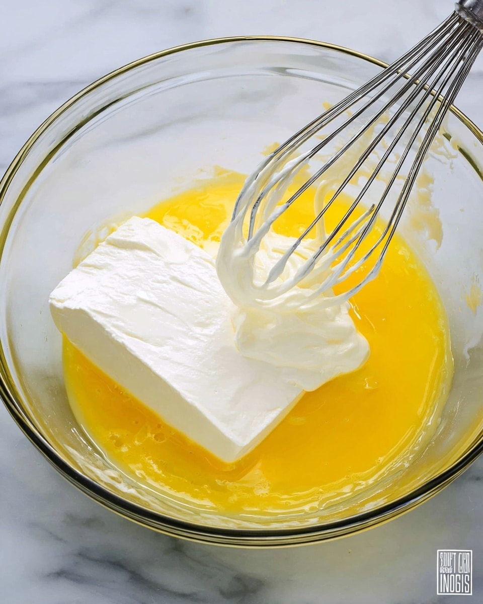 A clear glass bowl holds three thick layers of ingredients: a bright yellow liquid layer mostly at the bottom, a large block of white cream cheese placed on top slightly angled, and a shiny white cream layer partially covering the yellow liquid and touching the cream cheese. A metal whisk coated with some of the yellow liquid and white cream cheese is resting inside the bowl. The bowl sits on a surface with a white marbled texture. Photo taken with an iphone --ar 4:5 --v 7