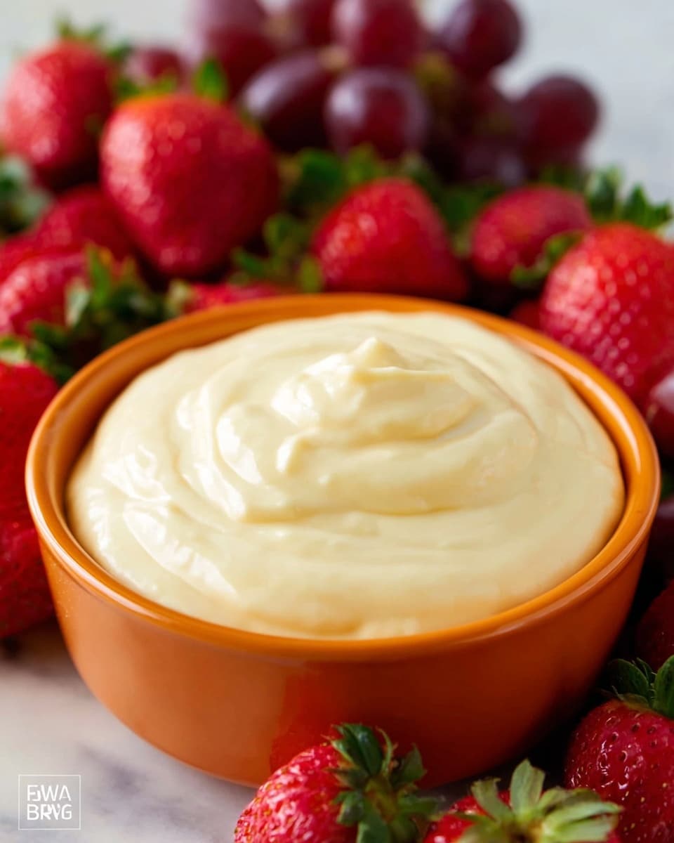 A close-up view shows a bowl filled with one thick, creamy layer of smooth pale yellow pudding or custard, with a soft swirl on top. The bowl is orange, round, and sits in the middle of a white marbled surface. Around the bowl, there is a layer of bright red strawberries with green leaves and some red grapes blurred in the background. The focus is on the creamy pudding and the fresh fruit, making it look fresh and inviting. Photo taken with an iphone --ar 4:5 --v 7