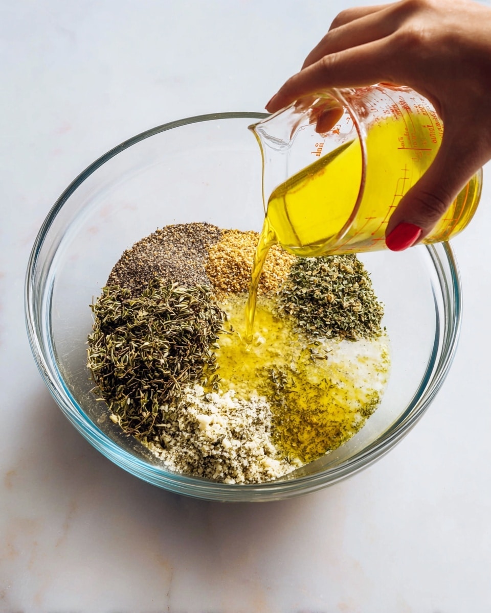A clear glass bowl sits on a white marbled surface, holding six distinct layers of ingredients, each separated without mixing. The first layer on the left side is a coarse ground black pepper, dark and speckled, while just below it is a dry layer of thyme leaves with a muted green tone. At the bottom is a layer of oregano with a slightly yellowish green color and a leafy texture. To the right of oregano is a pile of dried parsley, more finely cut and dark green. Near the center is a clump of finely minced garlic that is creamy white and textured. On the right side there is a heap of olive oil, bright yellow with a smooth, glossy surface. A woman's hand with red nail polish is pouring more olive oil from a clear glass measuring cup into the bowl. The scene has bright, even lighting and a clean, fresh look. Photo taken with an iphone --ar 4:5 --v 7