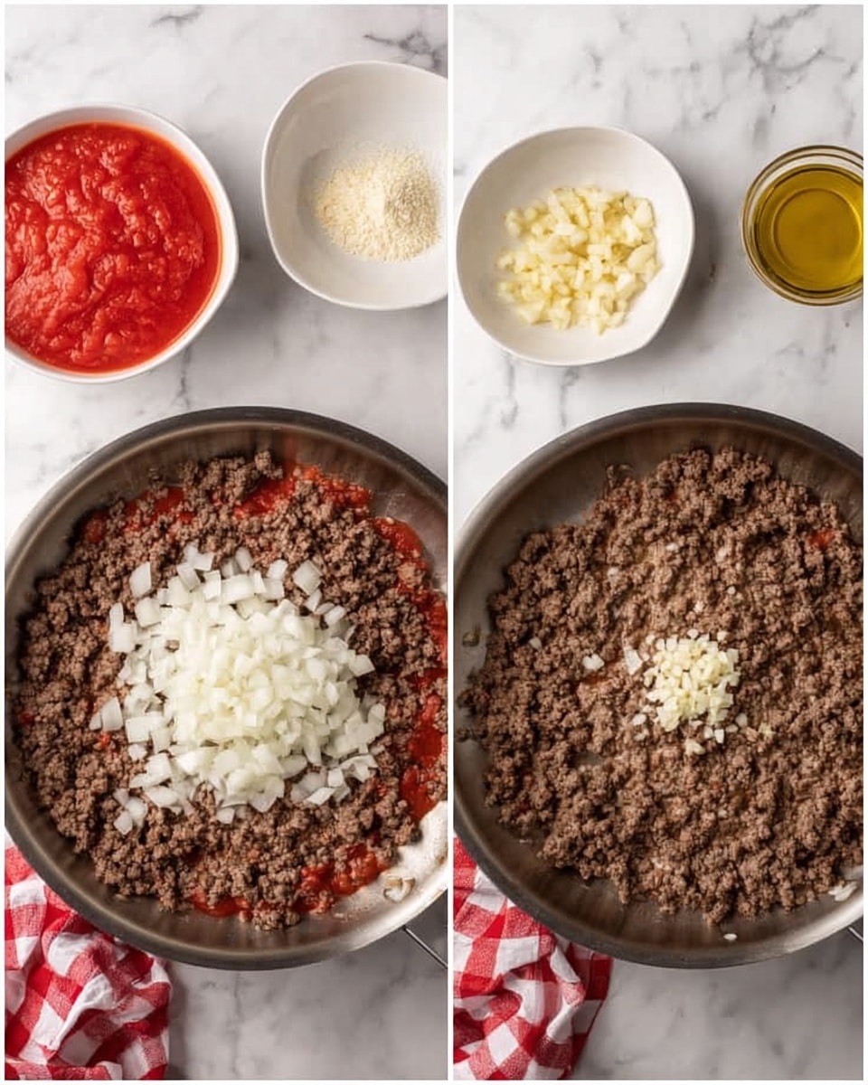 A metal pan filled with cooked ground beef as the base layer, topped with in the left image, a small pile of chopped white onions placed in the center, while in the right image, the onions are mixed in and minced garlic sits on top as a small pile in the middle; the pan is resting on a white marbled surface. Above the pan, there are small white bowls containing minced garlic, a glass bowl with a bit of oil, and a white bowl filled with chunky red tomato sauce, along with a red and white checkered cloth visible on the left edge. The lighting is soft and even, showing the textures clearly. photo taken with an iphone --ar 4:5 --v 7