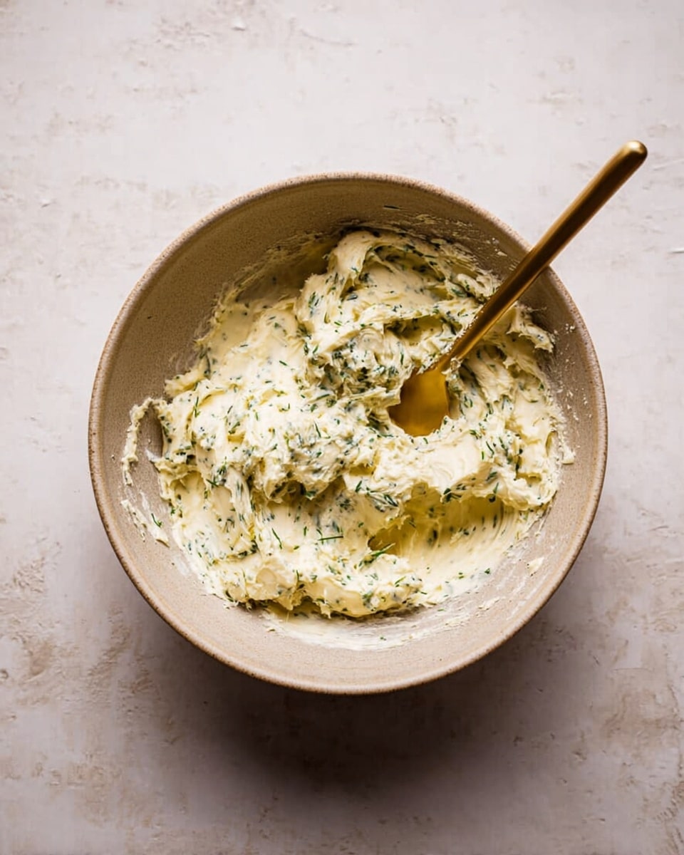 A beige bowl filled with a soft, creamy butter mixture that has green herb pieces spread throughout. The texture looks fluffy and slightly uneven with some swirls showing where a golden spoon rests inside, mixing the spread. The background is a white marbled surface. photo taken with an iphone --ar 4:5 --v 7