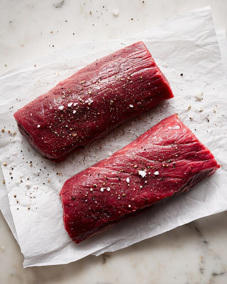 Two uncooked pieces of red meat lie on a sheet of white parchment paper, which rests on a white marbled surface. The top piece is darker red with a smooth texture, while the bottom piece is lighter and slightly more uneven in color. Both pieces have coarse salt and black pepper sprinkled on top, adding small white and black specks against the meat. Photo taken with an iphone --ar 4:5 --v 7