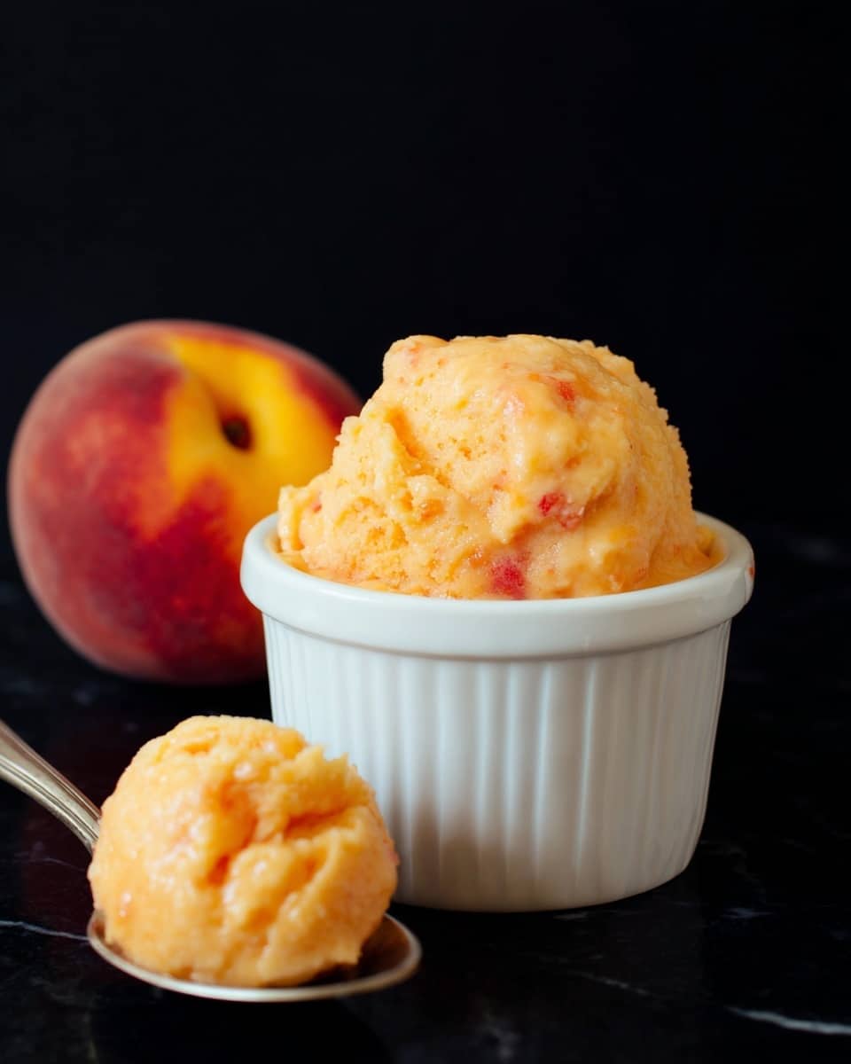 A white small ramekin cup filled with a large scoop of creamy peach-colored ice cream that has small peach pieces mixed in, next to a fresh whole peach with a smooth skin showing yellow and reddish hues, and a spoon holding another scoop of the same ice cream with a soft and slightly textured surface. All items are placed against a black background with a white marbled texture underneath photo taken with an iphone --ar 4:5 --v 7