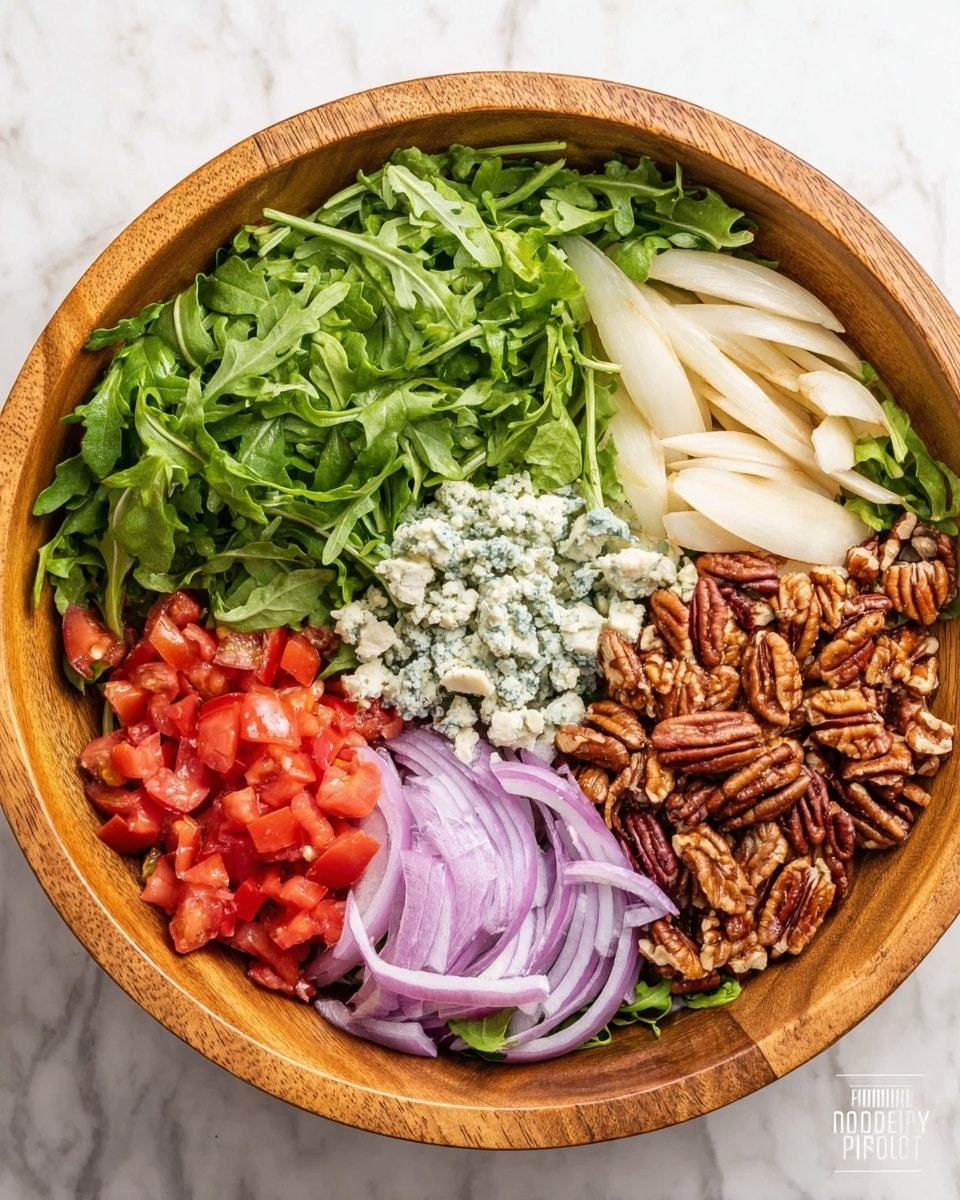A wooden bowl holds a fresh salad arranged in six clear sections on a white marbled surface. The top section has bright green arugula leaves with a slightly rough texture. To the left, there is a group of thin, pale, cream-colored slices of a vegetable. At the center bottom, small, red diced tomatoes form a juicy layer. Next to the tomatoes, thinly sliced purple onions form a curved pile. In the middle of the bowl, there is a small heap of crumbly blue cheese with a light cream color and some greenish-blue patches. The far right side features a cluster of glossy brown pecans with visible ridges. Photo taken with an iphone --ar 4:5 --v 7