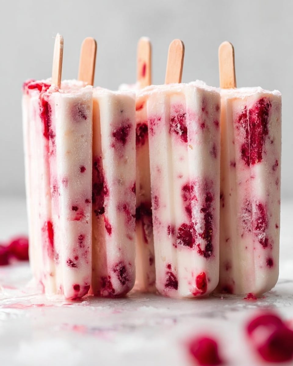 The image shows five vertical creamy white popsicles with visible specks of bright red fruit mixed inside, giving a marbled effect of white and red colors. Each popsicle is on a wooden stick that is slightly visible at the top. The popsicles are standing upright on a white marbled surface, with some red fruit pieces blurred in the foreground. The texture of the popsicles looks smooth and slightly frosty, with the red fruit bits spread unevenly inside the creamy base. photo taken with an iphone --ar 4:5 --v 7
