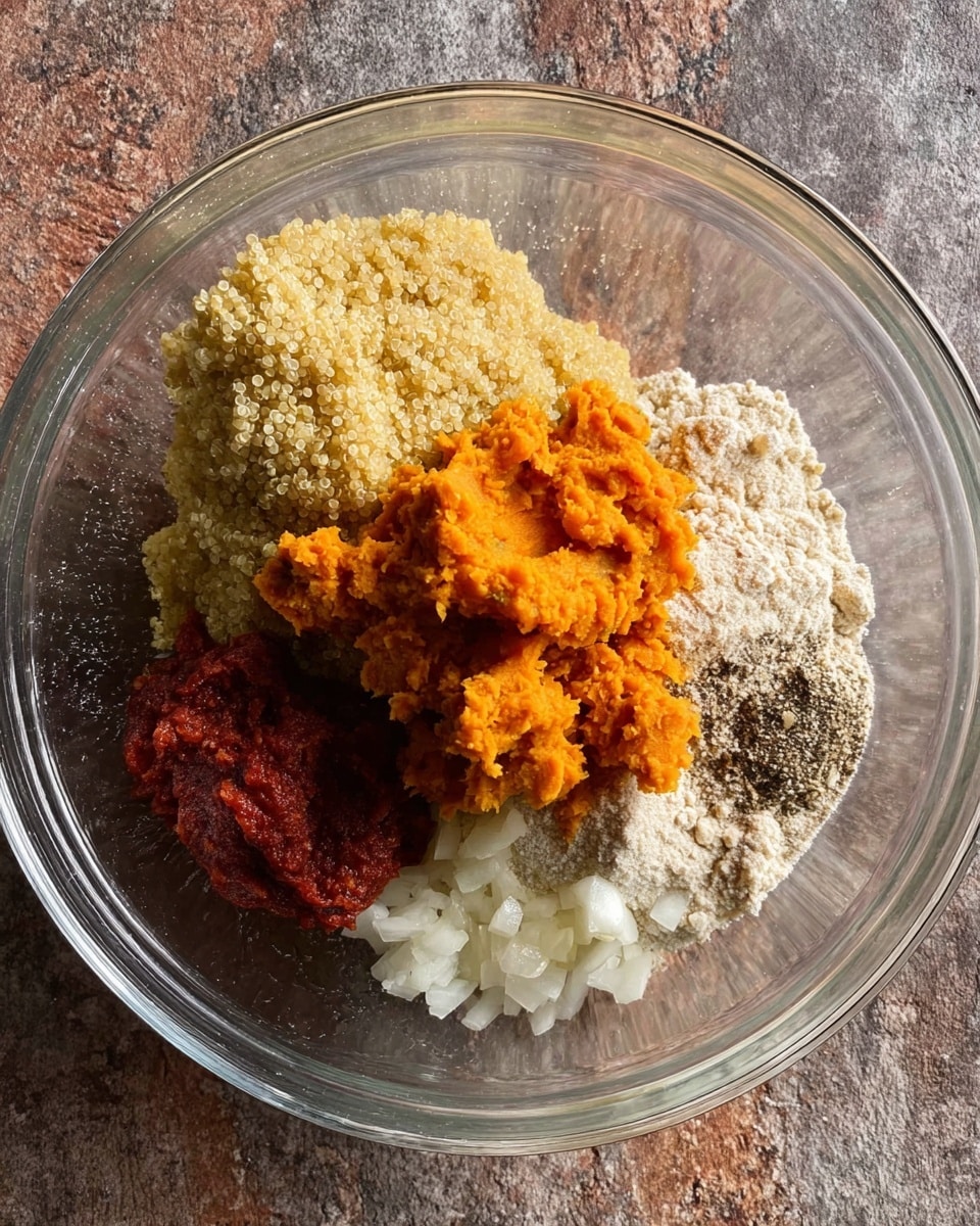A clear glass bowl holds six distinct layers of ingredients arranged around the bottom: bright orange mashed sweet potato on top right, a coarse pale yellow quinoa mound on the bottom left, dark red tomato paste below it, a small pile of ground black pepper next to tomato paste, light beige flour with a dry texture on the right, and white chopped onions near the flour. All ingredients are separate and not mixed. The bowl is placed on a rough, stone-like surface. Photo taken with an iphone --ar 4:5 --v 7