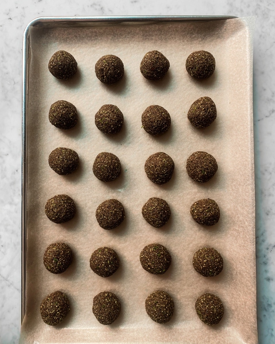 A baking tray lined with light beige parchment paper is filled with six rows of dark brown falafel balls. Each ball is round and slightly textured, showing small bits of what looks like herbs and grains. The falafel balls are evenly spaced in neat rows, creating a grid-like pattern. The tray edges show a silver metal finish. The scene is set on a white marbled texture. photo taken with an iphone --ar 4:5 --v 7