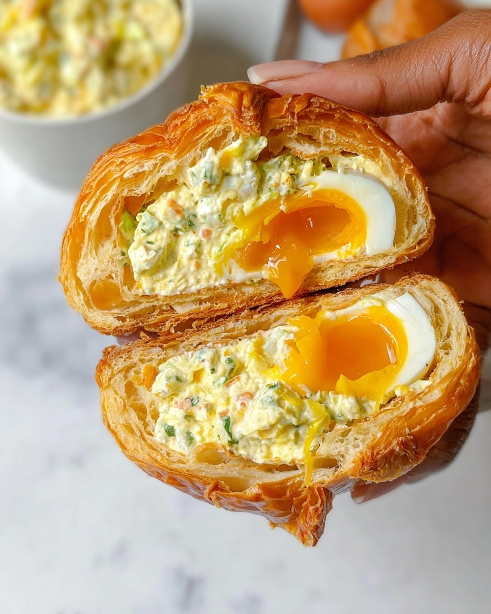 A woman's hand holds a croissant sandwich that is split in half, revealing three main layers inside. The outer layer is the golden brown, flaky croissant, showing its light, airy texture with crispy edges. Just beneath the croissant is a creamy, pale yellow egg salad mixture with visible small green herbs and tiny bits of white egg. The center layer features a soft cooked egg with a bright, glossy orange yolk that looks slightly runny, surrounded by white egg edges. The background is a white marbled surface with a white bowl containing more egg salad blurred in the corner. photo taken with an iphone --ar 4:5 --v 7