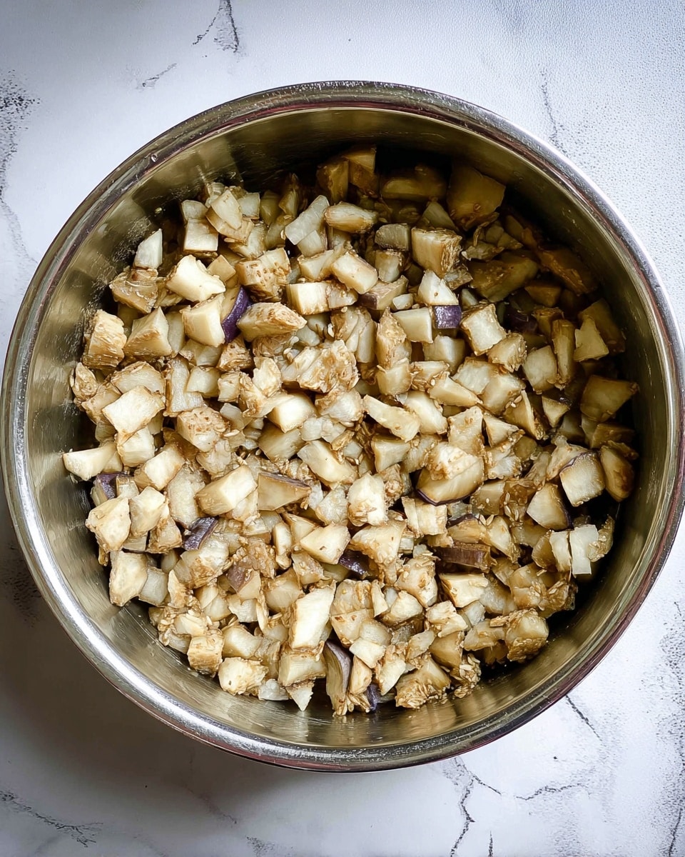 A round silver metal pot filled with many small, chopped pieces of cooked eggplant, showing light brown and pale cream colors with soft textures and some visible seeds. The eggplant pieces cover the bottom of the pot evenly. The pot is placed on a white marbled surface. Photo taken with an iphone --ar 4:5 --v 7