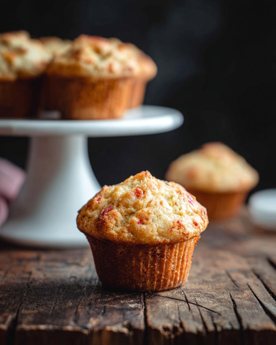 A close-up view shows a single golden-brown muffin with a slightly bumpy top that has small reddish bits, sitting on a worn wooden surface with dark lines and textures. Behind it, there is a white cake stand holding more similar muffins, which are softly blurred, creating depth in the image. The background is dark, almost black, making the muffins and wooden surface stand out clearly. photo taken with an iphone --ar 4:5 --v 7