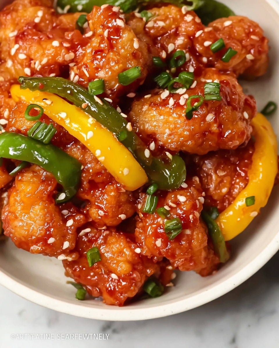 The image shows a close-up of a white bowl filled with crispy pieces coated in a shiny, reddish-orange sauce, sprinkled with small white sesame seeds and finely chopped green onions. Mixed in are bright, smooth yellow pepper slices and textured green peppers with white seeds visible. The bowl sits on a white marbled surface and the food looks glossy and fresh. photo taken with an iphone --ar 4:5 --v 7