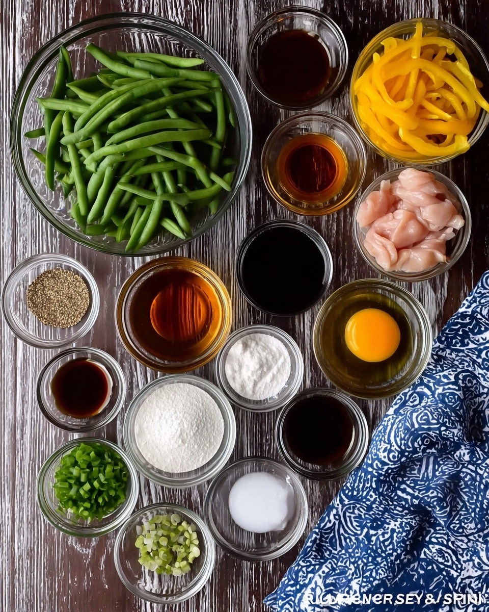 The image shows a top view of many small clear glass bowls placed on a dark wooden surface with a white marbled texture. The largest bowls hold fresh green beans, yellow bell pepper strips, and raw sliced chicken strips. Smaller bowls around them contain various liquids such as dark soy sauce, amber-colored sauces, oil, an egg yolk, and white powders like flour and cornstarch. There are also small bowls with salt, black pepper, sesame seeds, and chopped green onions adding bright green color. A blue and white patterned cloth is on the right side. photo taken with an iphone --ar 4:5 --v 7