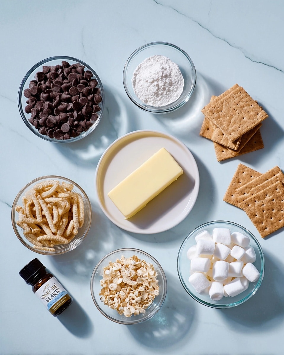 The image shows a top view of several clear glass bowls and a white butter dish arranged on a white marbled surface. In the center, a white butter dish holds a pale yellow block of butter. To the upper left, a round glass bowl is filled with dark brown chocolate chips. Next to it, at the top center, is a small bowl with white powder, likely flour or sugar. To the upper right, a few square pieces of light brown crackers are stacked. Below the crackers, a glass bowl contains light brown, ridged cereal pieces. Below the cereal bowl, a glass bowl is filled with small white mini marshmallows. To the bottom left of the marshmallows, another glass bowl holds ivory-colored crispy rice cereal. Lastly, at the bottom left corner of the image, there is a small dark bottle labeled