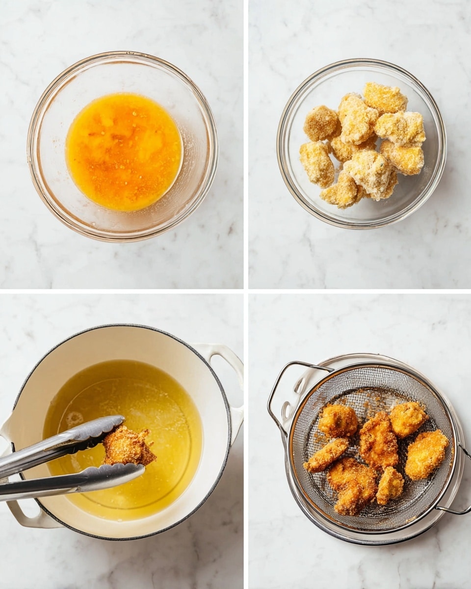The image shows a four-step cooking process on a white marbled surface. Top left is a glass bowl with raw pieces in a bright orange egg wash mixture. Top right is another glass bowl with the same pieces covered in light yellow breading. Bottom left shows a white pot filled with hot oil, with a piece held by silver tongs just above the oil's surface. Bottom right displays golden brown fried pieces resting on a round metal draining rack inside the white pot. photo taken with an iphone --ar 4:5 --v 7