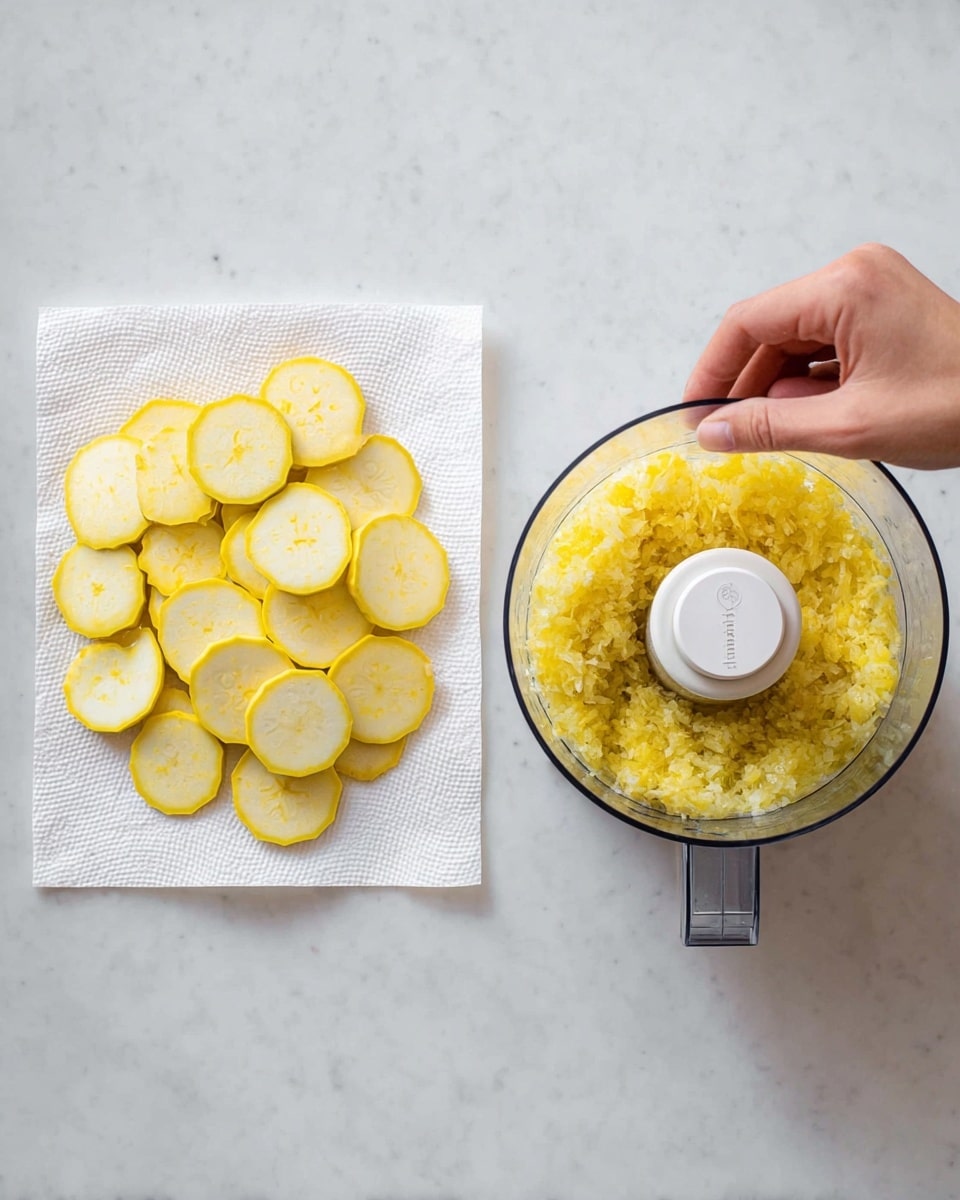 On the left side, there are round, thin slices of yellow squash arranged in a circular pattern on two layers of white paper towels, placed on a white marbled surface; a woman's hand is gently lifting the top paper towel from the slices. On the right side, inside a clear food processor bowl with a white lid and base, there is a roughly chopped yellow mixture with small chunks and grated texture visible, sitting on the same white marbled surface. photo taken with an iphone --ar 4:5 --v 7