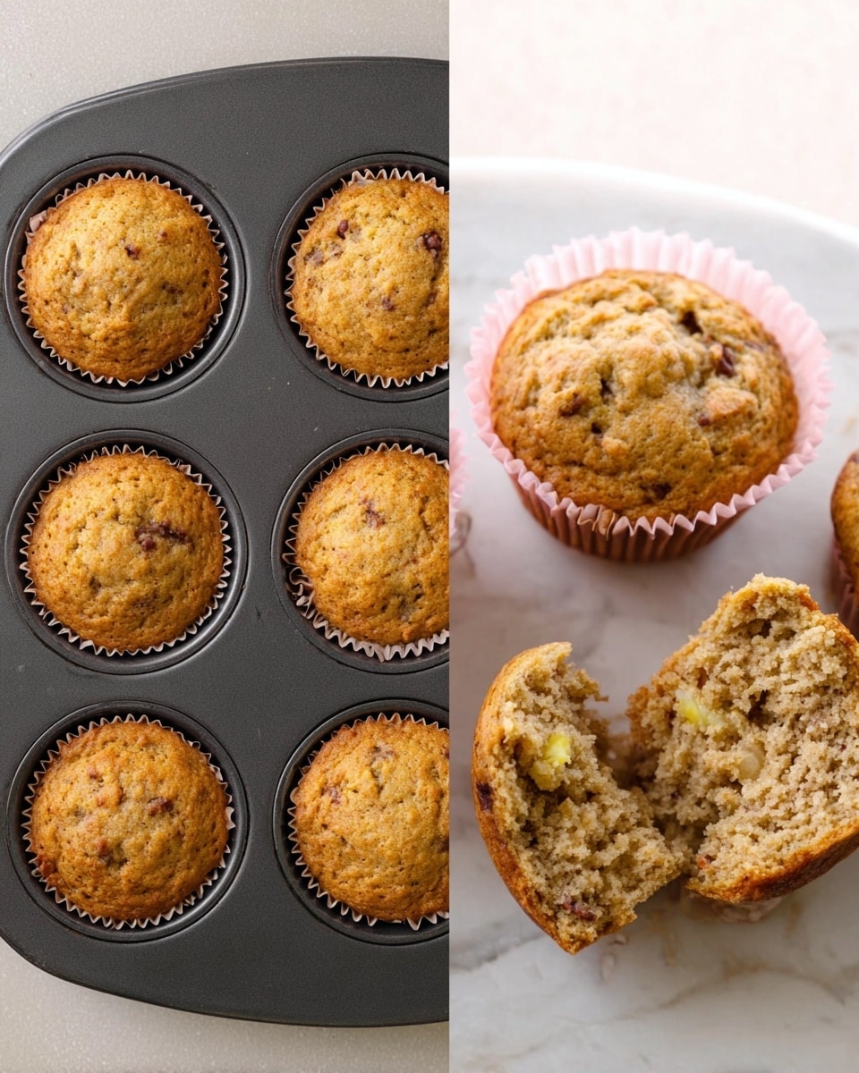 The image shows a dark muffin tray on a white marbled surface with twelve muffin cups filled with light brown batter. The batter has small visible chunks, suggesting ingredients mixed inside, and each cup is lined with a light pink paper. Next to it, on the white marbled surface, there is a close-up of a muffin broken into two halves, showing a soft and moist inside with small dark spots and light yellow pieces. The muffin crust is golden brown and slightly textured, giving a fresh-baked look. The whole scene looks bright and clean, with natural lighting. photo taken with an iphone --ar 4:5 --v 7
