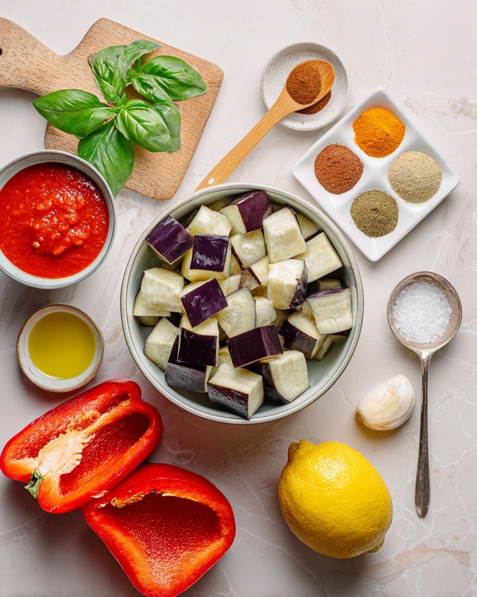 A top-down view of various cooking ingredients arranged neatly on a white marbled surface. At the center is a white bowl filled with pale, almost white cubed eggplants that have dark purple skin edges. To the right of the bowl sits a halved yellow lemon with textured flesh visible. Above the eggplants, a small white dish holds four spices in separate piles: brown, dark green, bright yellow-orange, and warm brown powder, with a light wooden spoon resting on the bright yellow-orange spice. To the left is a light wooden board with fresh green basil leaves and a small white bowl of golden oil beside a bowl of bright red sauce. Below, ripe red bell peppers are halved, revealing seeds inside, alongside a peeled white onion quarter and two garlic cloves. A metallic spoon on the right holds coarse white salt. The ingredients' colors contrast with the white marbled background, creating a fresh and vibrant setup photo taken with an iphone --ar 4:5 --v 7