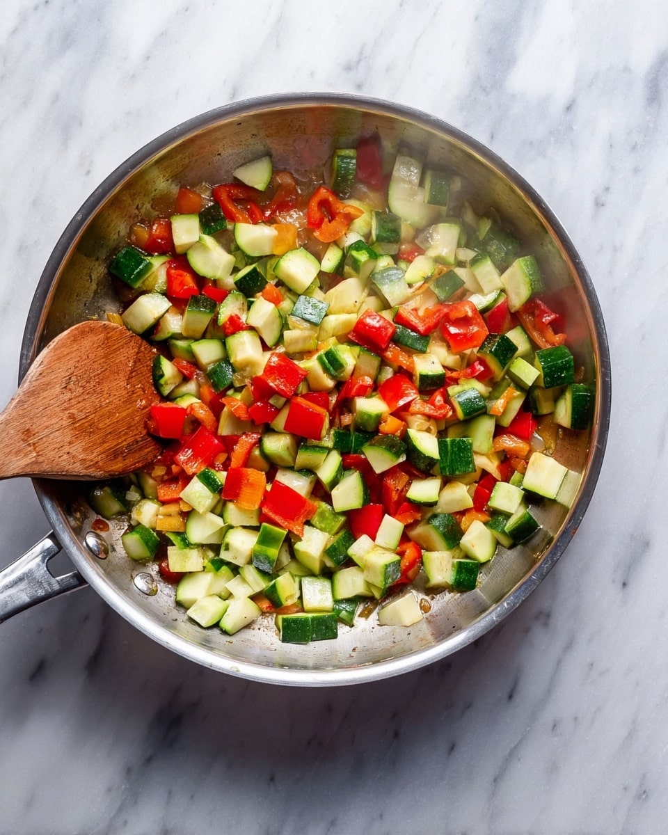 A silver metal pan filled with diced green zucchini and red bell peppers cooking together, showing steam rising from the veggies. The vegetables are cut into small cubes, with zucchini pieces in shades of light and dark green and red bell pepper pieces in bright red. A wooden spoon with a round head rests inside the pan on the left side. The pan is placed on a white marbled surface. photo taken with an iphone --ar 4:5 --v 7