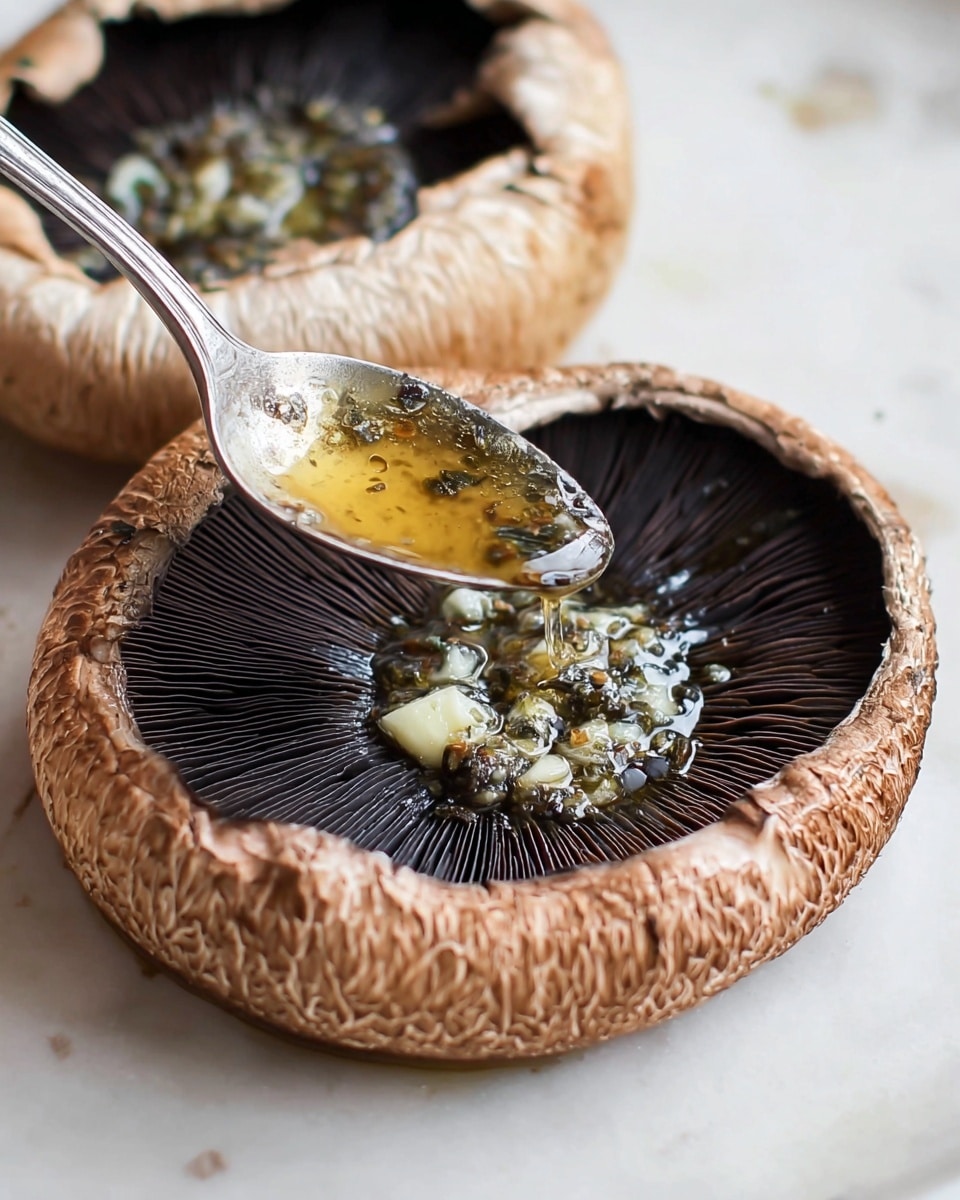 The image shows two large mushroom caps placed on a white marbled surface. Each mushroom cap has a thick, wrinkled light brown outer edge with darker, almost black, gills in the center. A silver spoon is held above one mushroom cap, dripping a sauce made of melted butter mixed with small pieces of garlic and herbs directly onto the dark gills. The sauce looks shiny and slightly oily, pooling in the middle of the mushroom cap. photo taken with an iphone --ar 4:5 --v 7