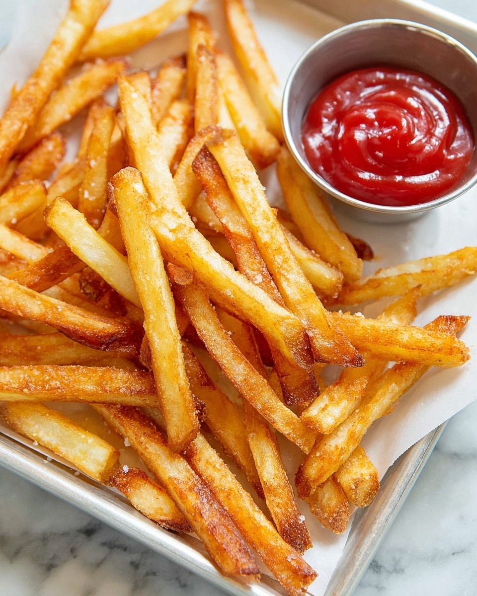 The image shows a pile of golden brown fries with a crispy texture layered on a white tray lined with white paper, the fries have a mix of light golden and slightly darker brown edges, and are sprinkled lightly with salt. Positioned at the top right is a small silver cup filled with bright red ketchup, showing glossy, thick texture with smooth swirls on the surface. The background is a white marbled texture. photo taken with an iphone --ar 4:5 --v 7