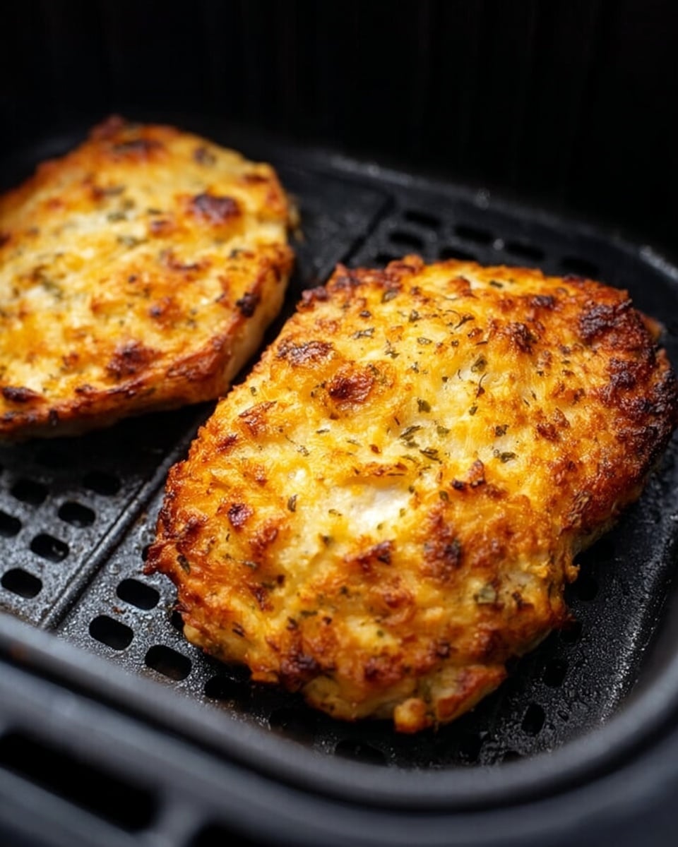 Two pieces of golden brown chicken with a slightly crisp texture are placed inside a black air fryer basket. The chicken pieces have a mix of light and darker browned spots showing they are cooked evenly. The air fryer basket has a grid pattern with small holes, and the edge of the fryer is visible in the frame. The focus is sharp on the chicken, highlighting its color and texture, while the background is blurred. photo taken with an iphone --ar 4:5 --v 7