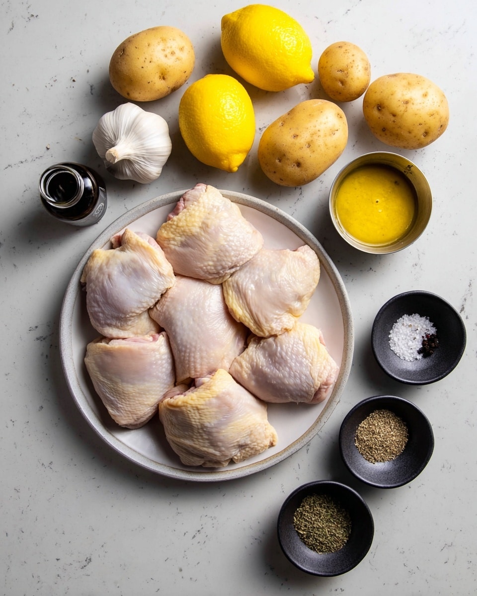 The image shows raw chicken thighs arranged in the center on a white plate, with a pale pink and yellow skin color and soft texture. Above the plate, there are five medium-sized yellow potatoes scattered unevenly. To the left of the potatoes, four bright yellow lemons are grouped together. Between the lemons and potatoes, a whole head of garlic sits with white papery skin. To the right of the garlic, there is a small silver cup holding a dollop of yellow mustard. Below the mustard, three small black dishes are stacked vertically. The top dish contains a dark liquid, the middle dish has salt and black pepper divided evenly, and the bottom dish holds mixed dried herbs. A small clear bottle with a dark liquid is near the lemons. All items are placed on a white marbled surface. photo taken with an iphone --ar 4:5 --v 7
