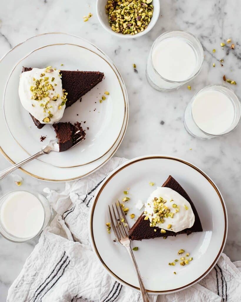 Dark Chocolate Olive Oil Cake with Cardamom Cream and Pistachios Recipe