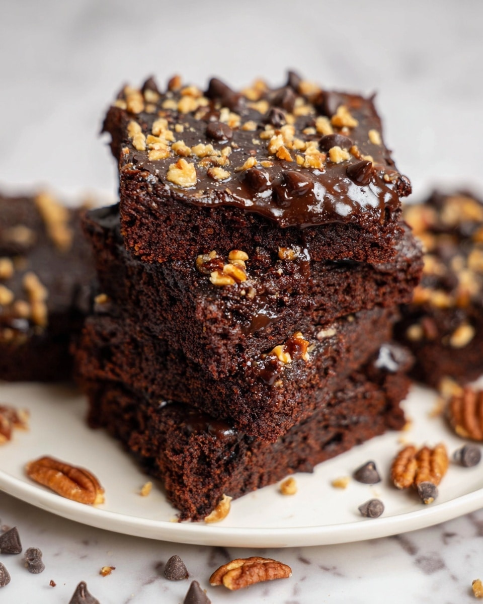 A close-up view of five stacked dark brown brownies on a white plate, with a shiny chocolate sauce layer spread on top. Scattered over the sauce are small dark chocolate chips and chopped light brown nuts, giving a crunchy texture. The plate rests on a white marbled surface, with some chocolate chips and nuts scattered around it, adding a casual, inviting feel. photo taken with an iphone --ar 4:5 --v 7