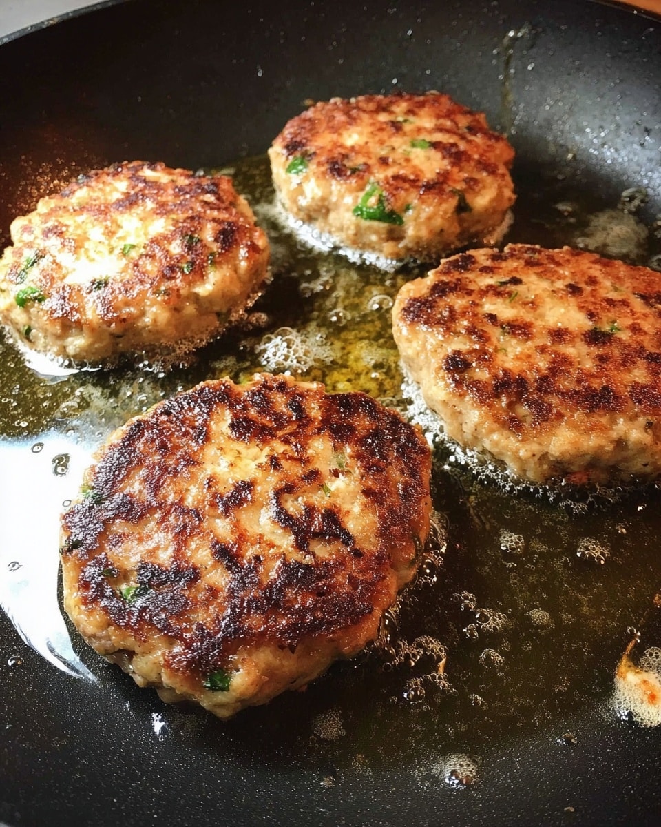Four round patties cooking in a black pan with oil. Each patty is golden brown with some darker grilled spots and small green herbs visible in them. The surface of the patties looks slightly crispy and uneven. The pan has some oil bubbles around the patties and a few cooked bits near the edges. Photo taken with an iphone --ar 4:5 --v 7