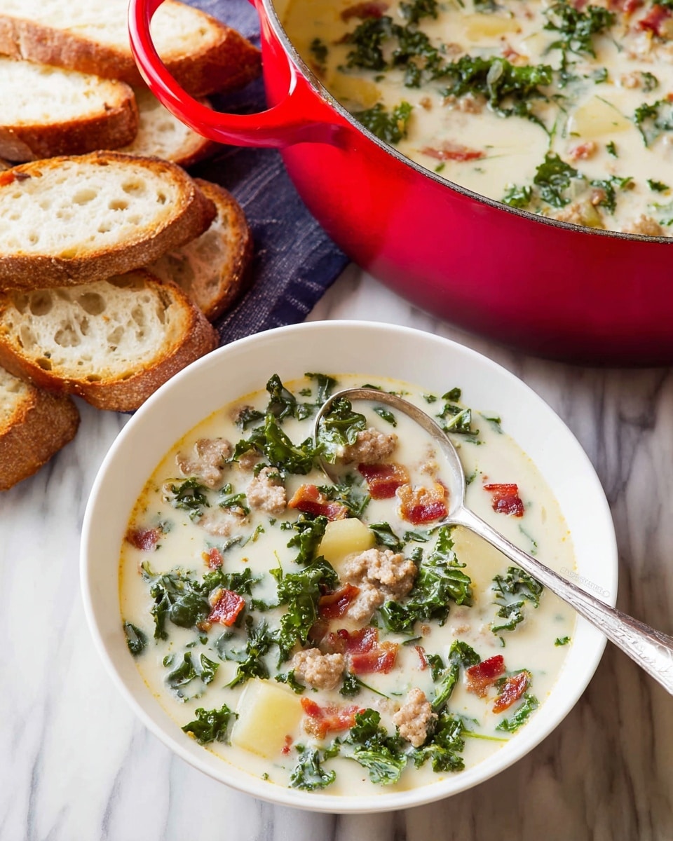A white bowl filled with creamy soup showing layers of green kale leaves, light beige sausage bits, golden potato cubes, and small pieces of reddish bacon, all mixed in a thick white broth; a silver spoon rests inside the bowl. Behind the bowl, part of a red pot is visible, filled with the same soup, and next to it are slices of light brown crusted bread placed on a white marbled surface. The scene is bright and clean with a close-up view, photo taken with an iphone --ar 4:5 --v 7