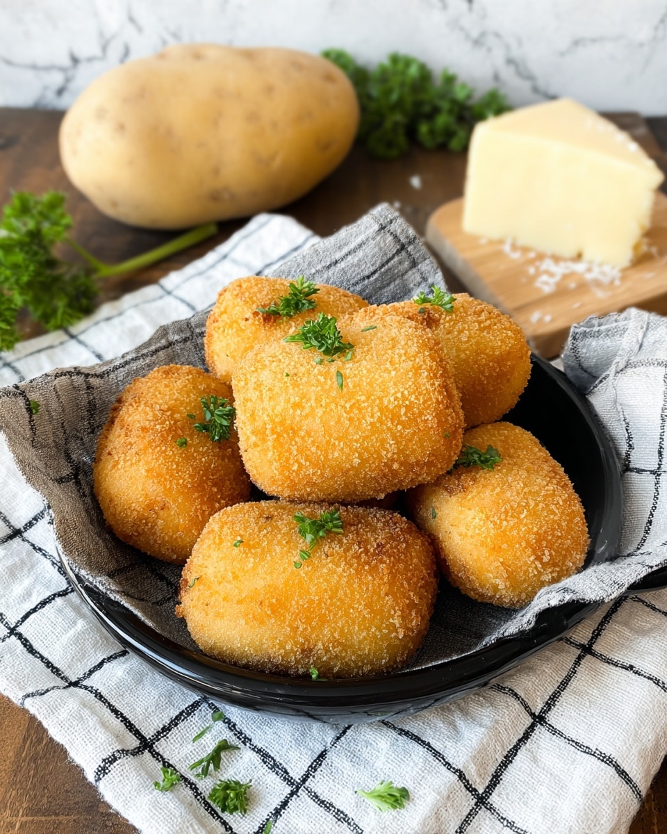 A small black pan holds six golden brown croquettes arranged in two layers, with four croquettes on the bottom and two on top, all with a crispy crumb coating and garnished with fresh green parsley on the very top. The pan is placed on a white cloth with a black grid pattern, sitting on a wooden surface. Behind the pan, there is a whole light brown potato and a block of pale yellow cheese with a few parsley sprigs nearby. The background is a white marbled texture. photo taken with an iphone --ar 4:5 --v 7