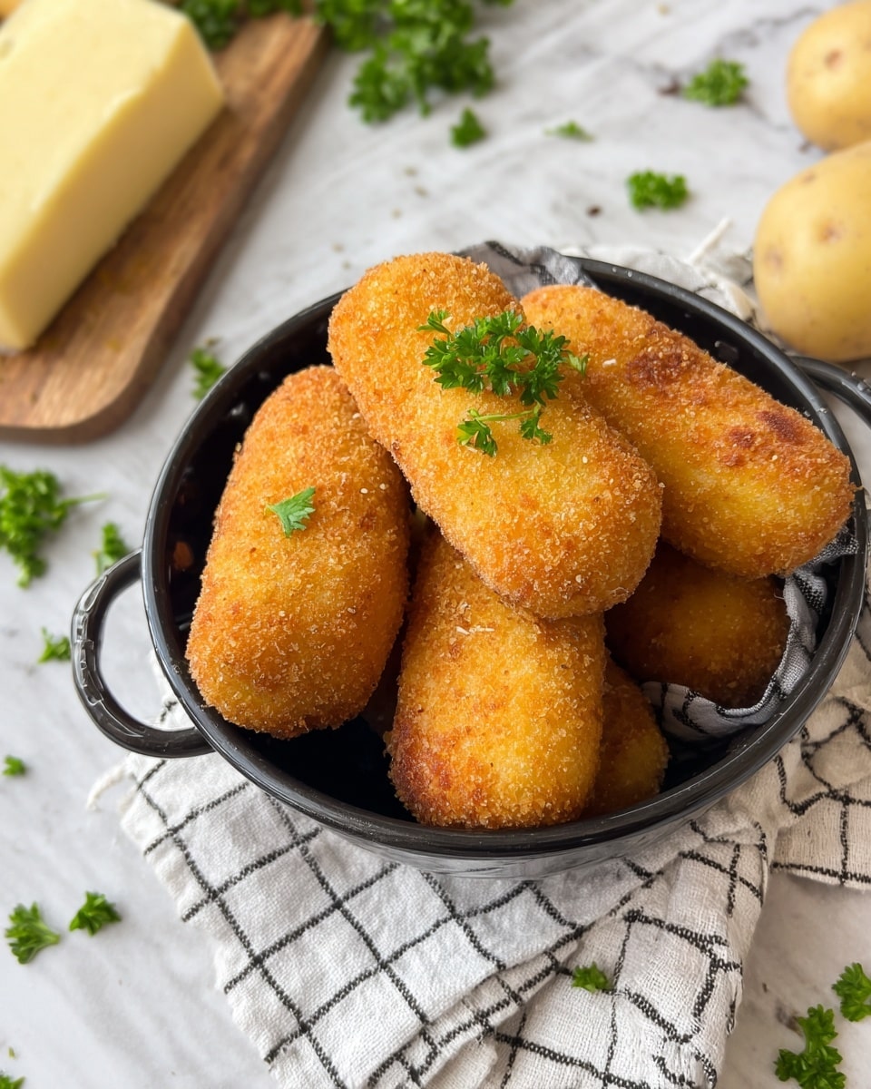 The image shows a small black colander filled with six golden brown, crispy croquettes stacked neatly, with one resting on top decorated with a small bunch of fresh green parsley. The croquettes have a rough, crumb-coated texture and are shaped in small oval logs. The colander sits on a white cloth with a black grid pattern, placed on a white marbled surface with scattered small green parsley sprigs around it. Some pale yellow potatoes and a block of pale yellow cheese are partially visible in the background. Photo taken with an iphone --ar 4:5 --v 7